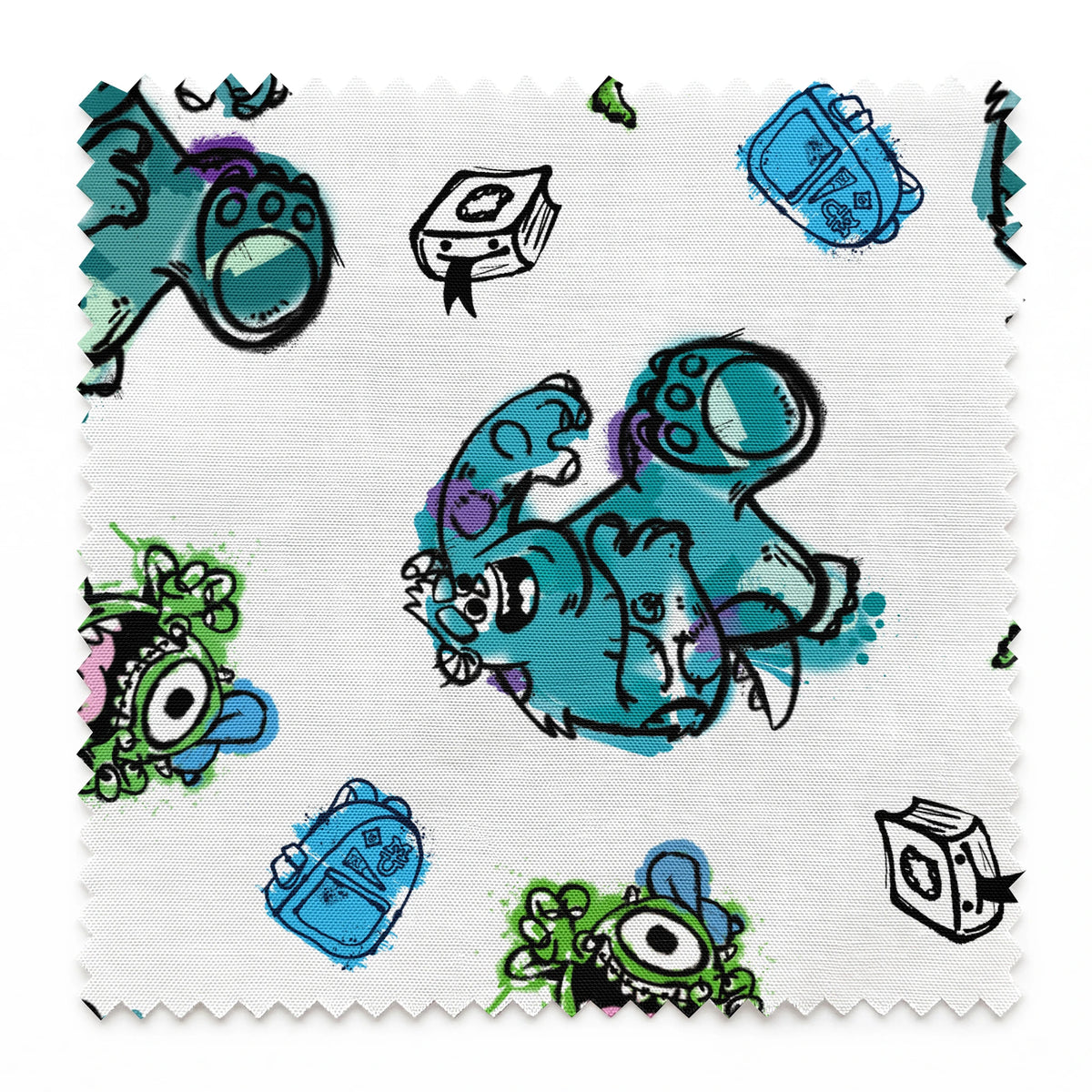 Colorful Monsters Inc pattern with turquoise, green creatures and small boxes on white background springs swatch pinked