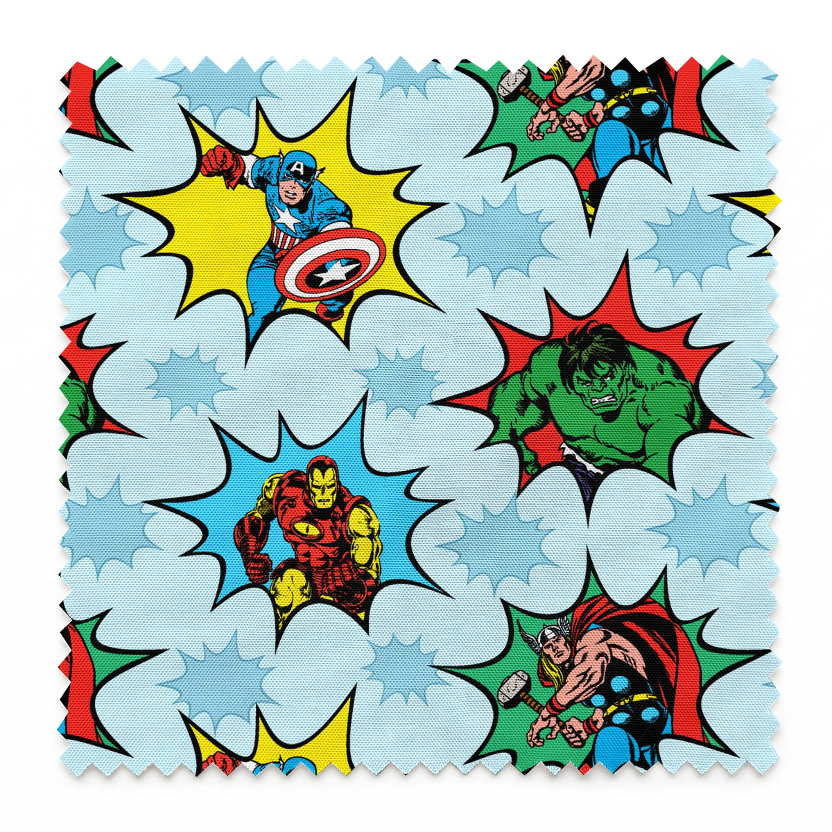 Marvel superhero pattern with Captain America, Iron Man, and Hulk in colorful burst designs on a blue background. springs swatch pinked