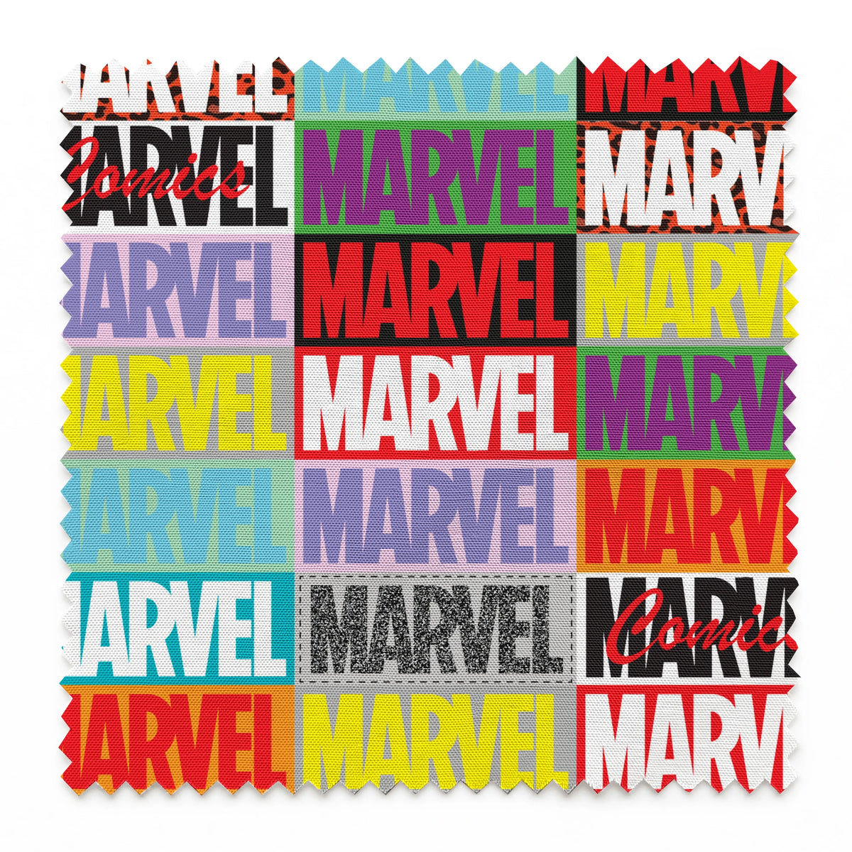 Colorful grid pattern of Marvel logos in various colors including red, blue, yellow, teal, purple, and gray against contrasting backgrounds springs swatch pinked