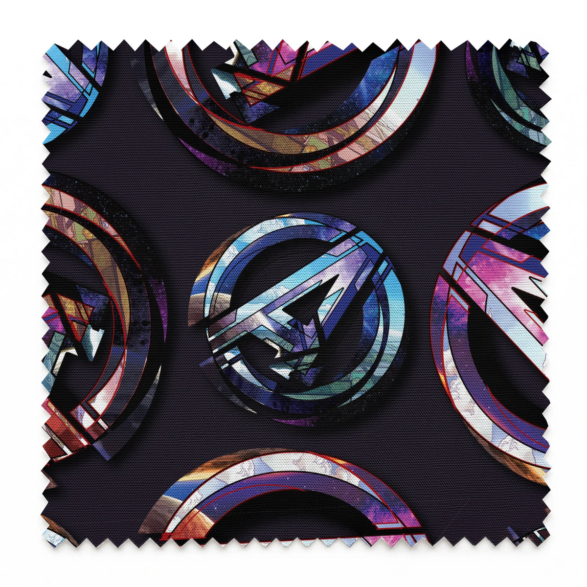 Colorful metallic Avengers logo pattern with iridescent purple and blue reflections on dark background springs swatch pinked