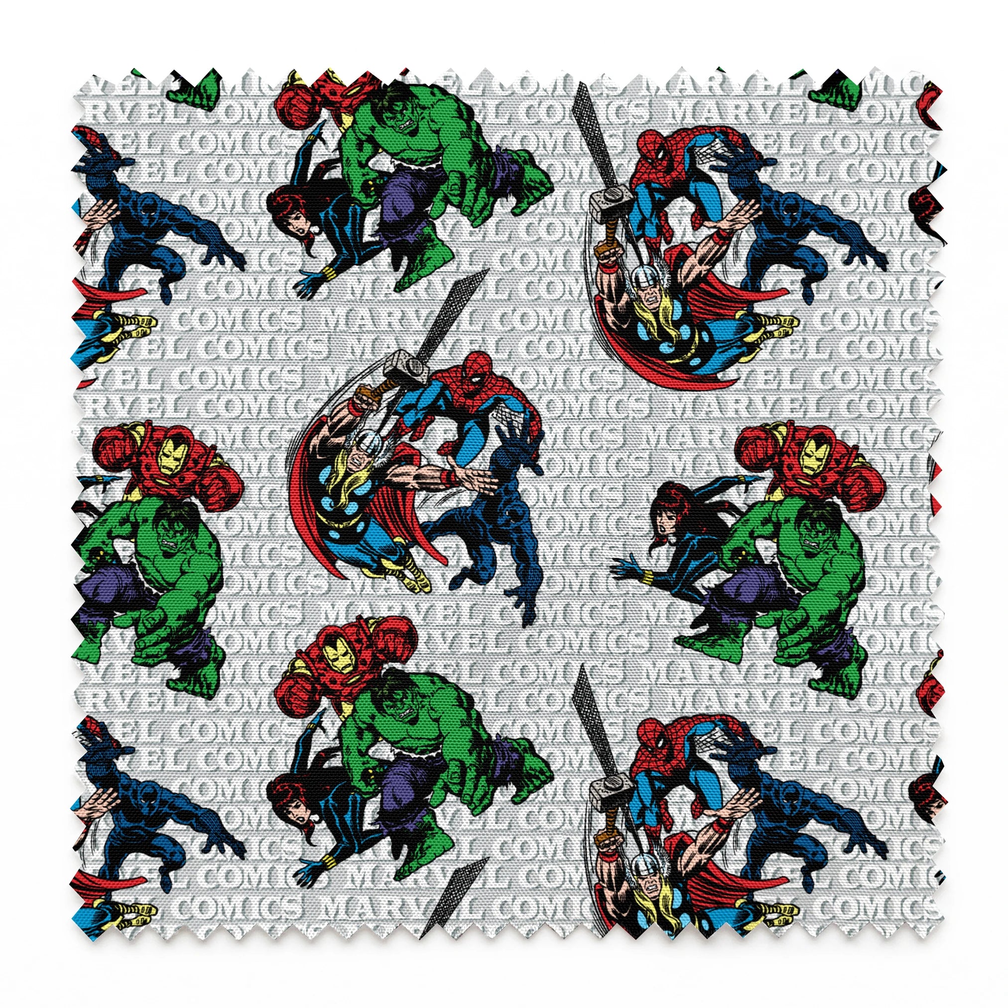 Marvel Comics superheroes pattern with Hulk, Iron Man, Captain America, and Spider-Man on a repeating text background. springs swatch pinked