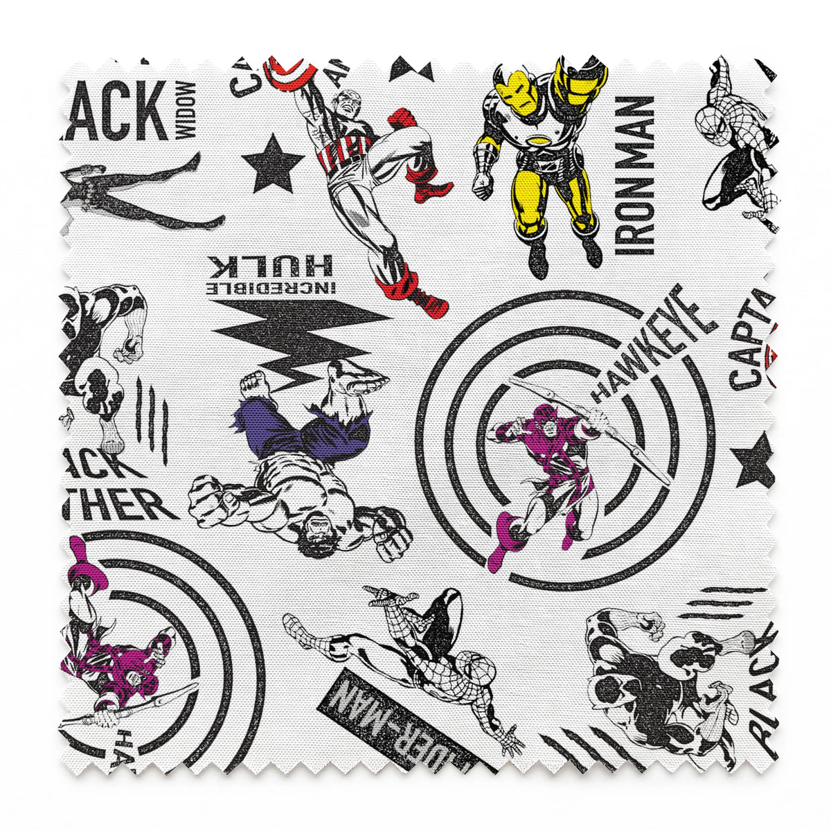 Marvel superheroes pattern with Iron Man, Captain America, Hulk, and Black Panther on white background springs swatch pinked