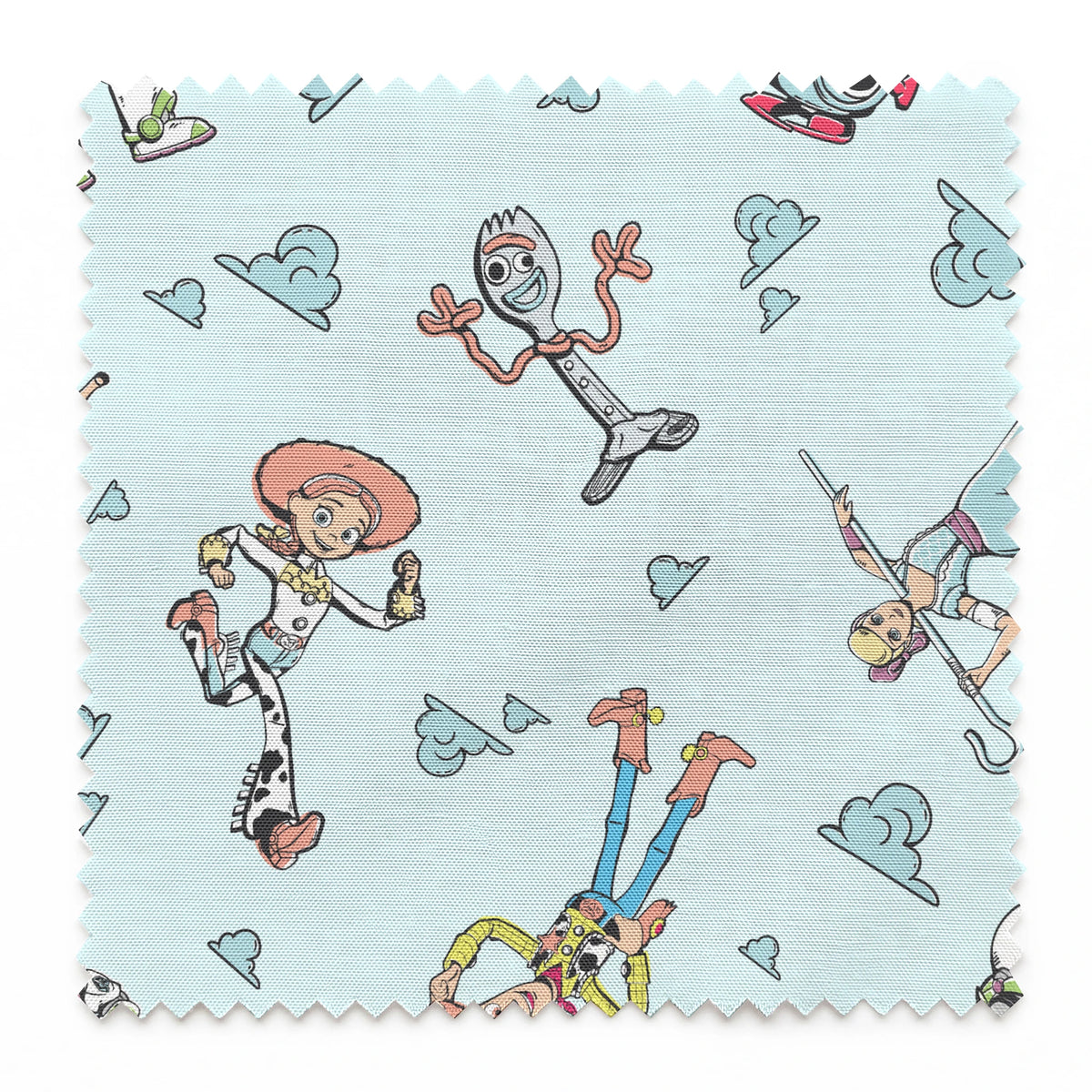 Cartoon characters from "Toy Story" floating on light blue background with cloud patterns springs swatch pinked