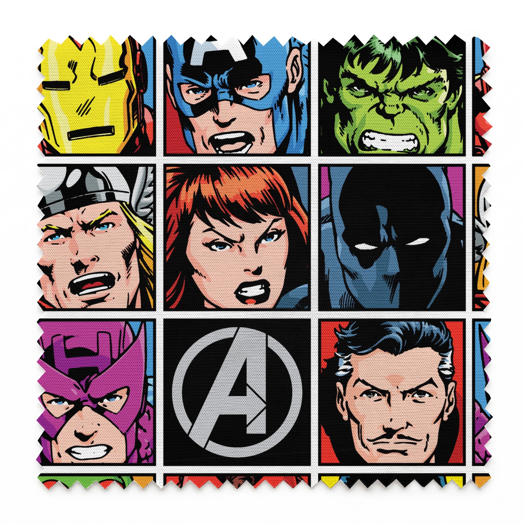 Marvel Avengers character portraits in comic style grid with colorful backgrounds showing superheroes and their iconic looks. springs swatch pinked