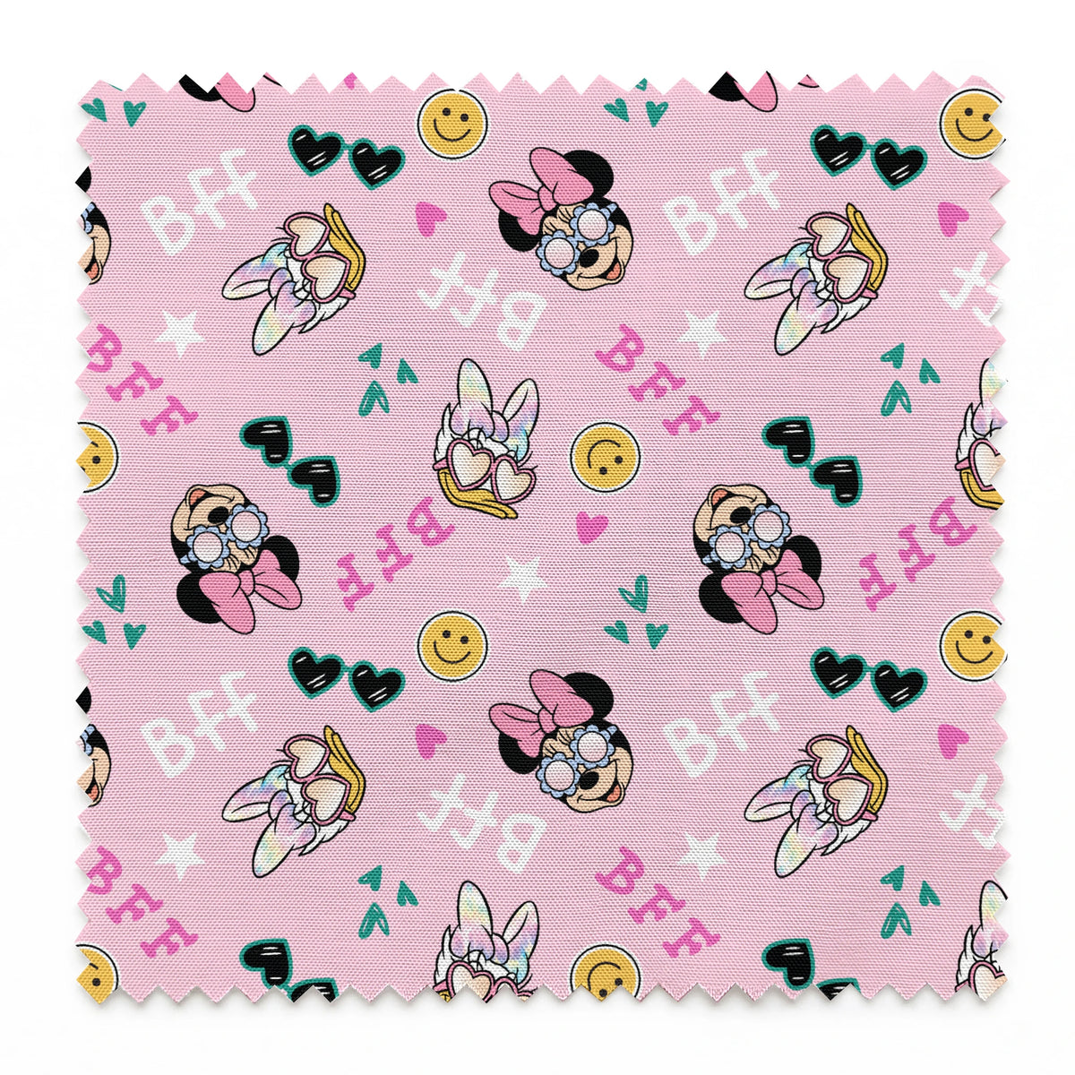 Pink background with Minnie Mouse pattern featuring bows, heart sunglasses, smiley faces, and "BFF" text in playful colors. springs swatch pinked
