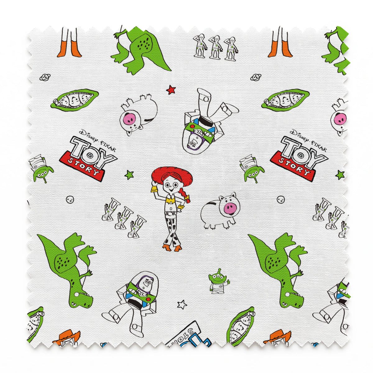 Toy Story pattern with Rex, Buzz, Woody, and alien characters scattered on white background springs swatch pinked