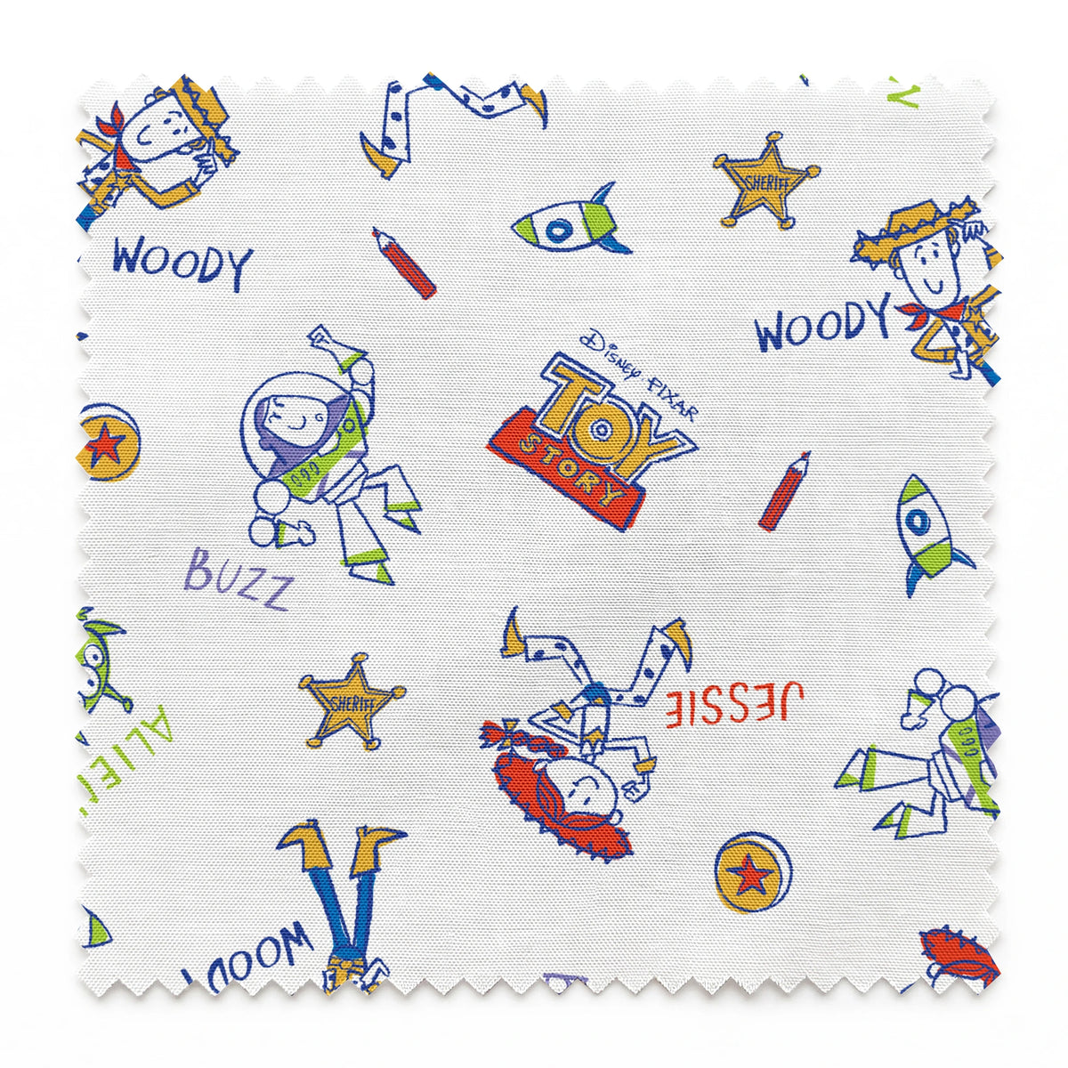Toy Story pattern with Buzz Lightyear and Woody characters, stars, and spaceships on white background springs swatch pinked