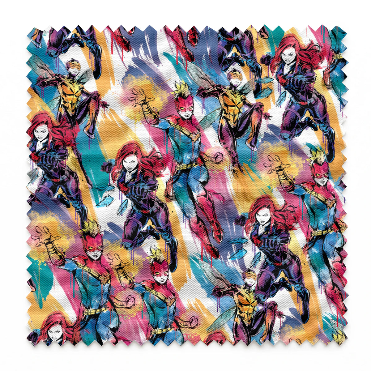 Colorful comic book superhero pattern with characters in dynamic poses against abstract brushstroke background springs swatch pinked