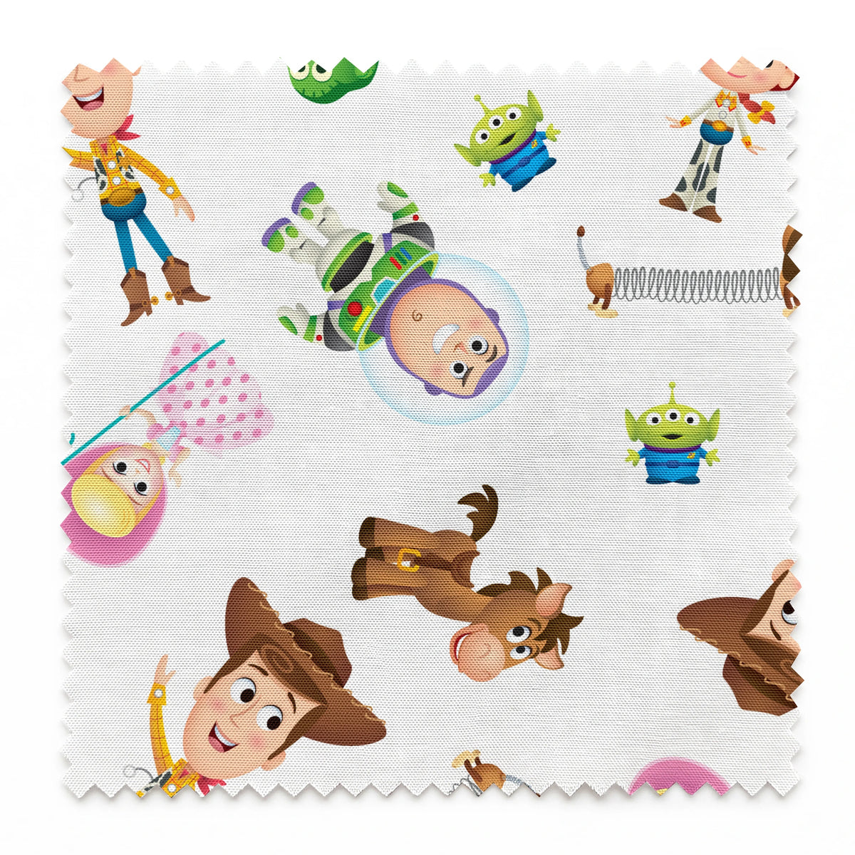 Toy Story character pattern with Woody, Buzz, Jessie, Rex, Slinky Dog and aliens on white background springs swatch pinked