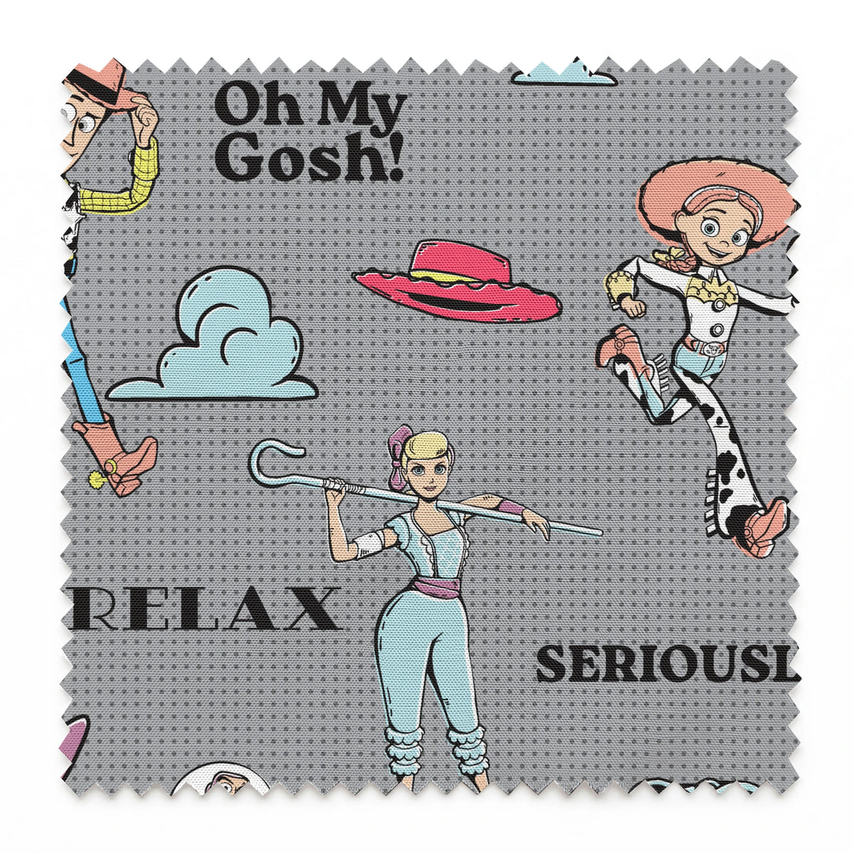 Toy Story character pattern with Buzz, Woody and aliens on gray background with phrases like "Good Vibes" and "Galaxy Hoppin' springs swatch pinked