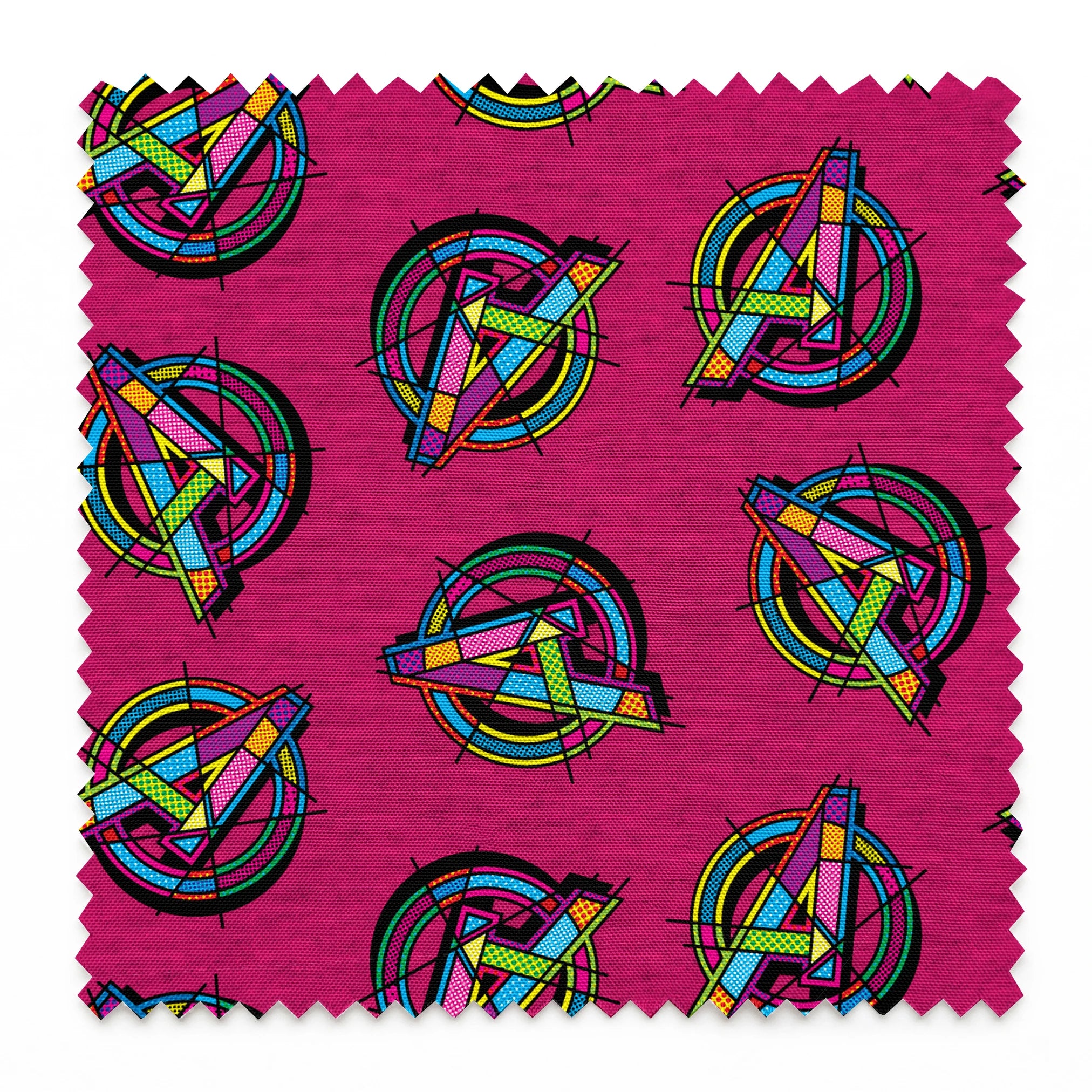 Vibrant Avengers pattern in neon colors on magenta background springs swatch pinked