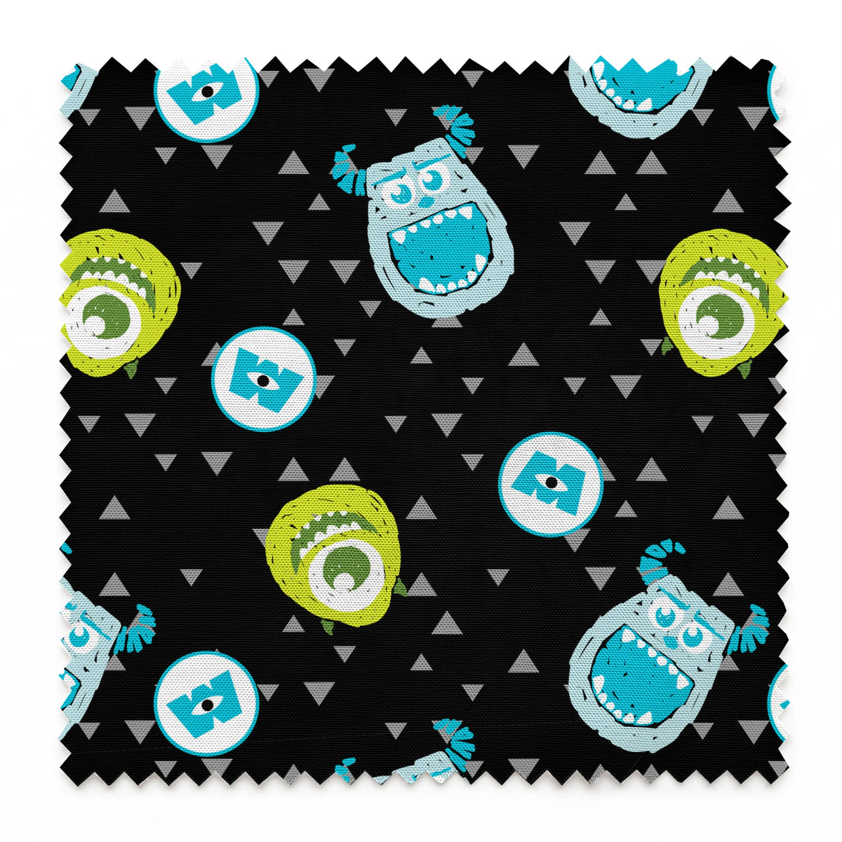 Monsters Inc pattern with Mike and Sulley on black background with gray triangles springs swatch pinked