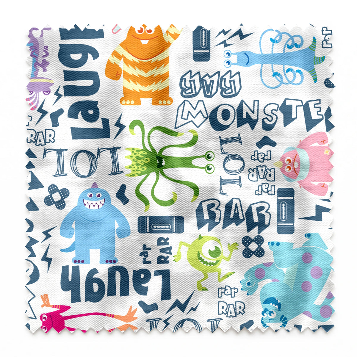 Colorful Monsters Inc doodle pattern with playful characters and text like "Laugh," "Power," and "Monster" in blue and vibrant colors. springs swatch pinked