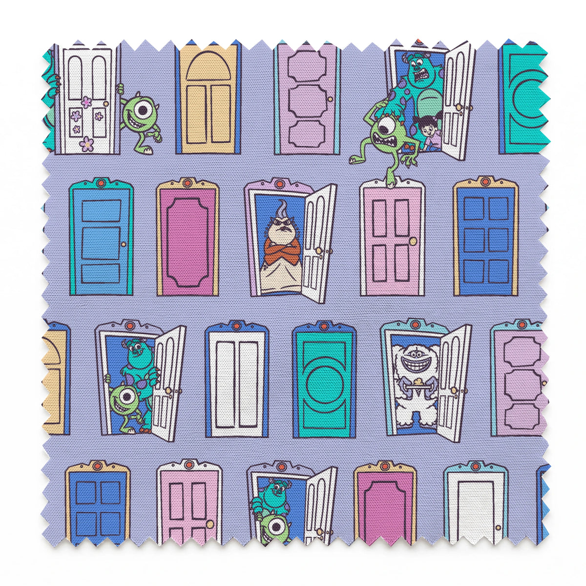 Colorful pattern of cartoon monster characters peeking through various doors in purple, blue, pink, and green on a lavender background. springs swatch pinked