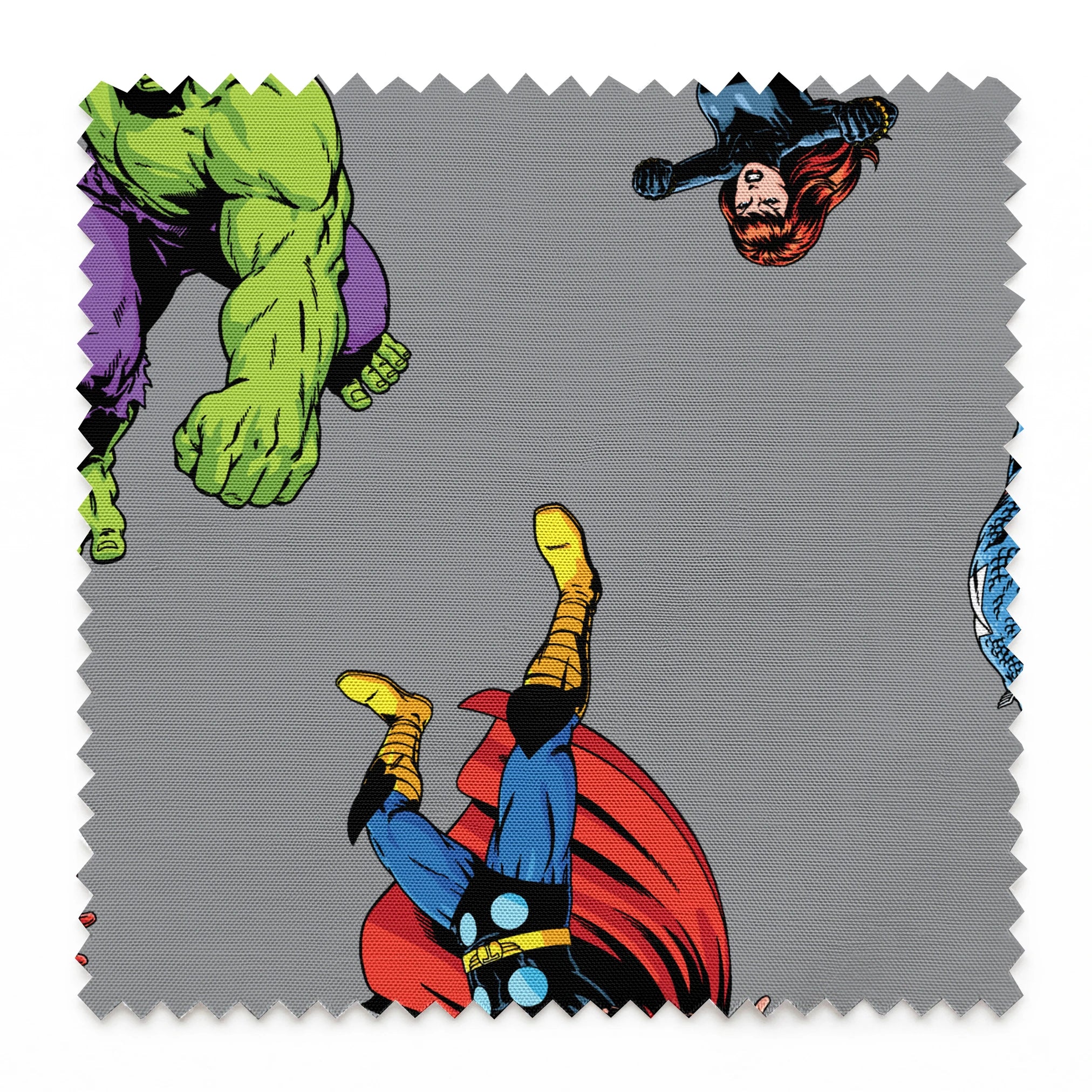 Marvel superheroes pattern with Hulk, Thor, Captain America, and Iron Man on gray background springs swatch pinked