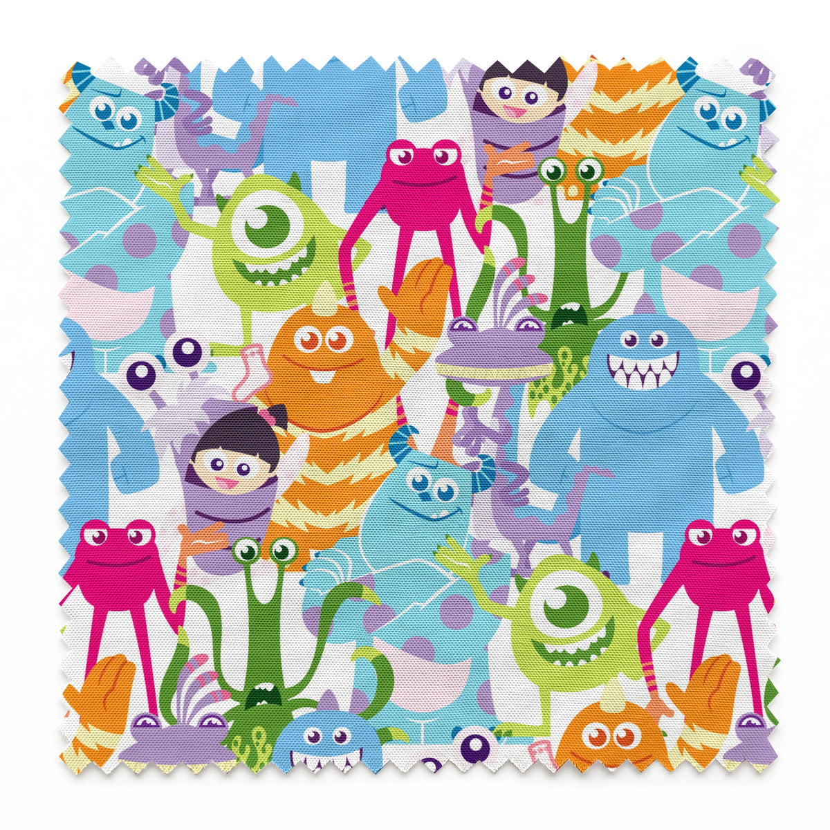 Colorful Monsters Inc pattern with various shapes, sizes and bright colors like blue, pink, orange and green. springs swatch pinked
