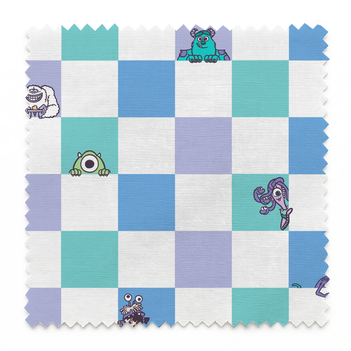 Monsters Inc characters on a checkered pattern of white, mint green, light purple, and blue squares springs swatch pinked