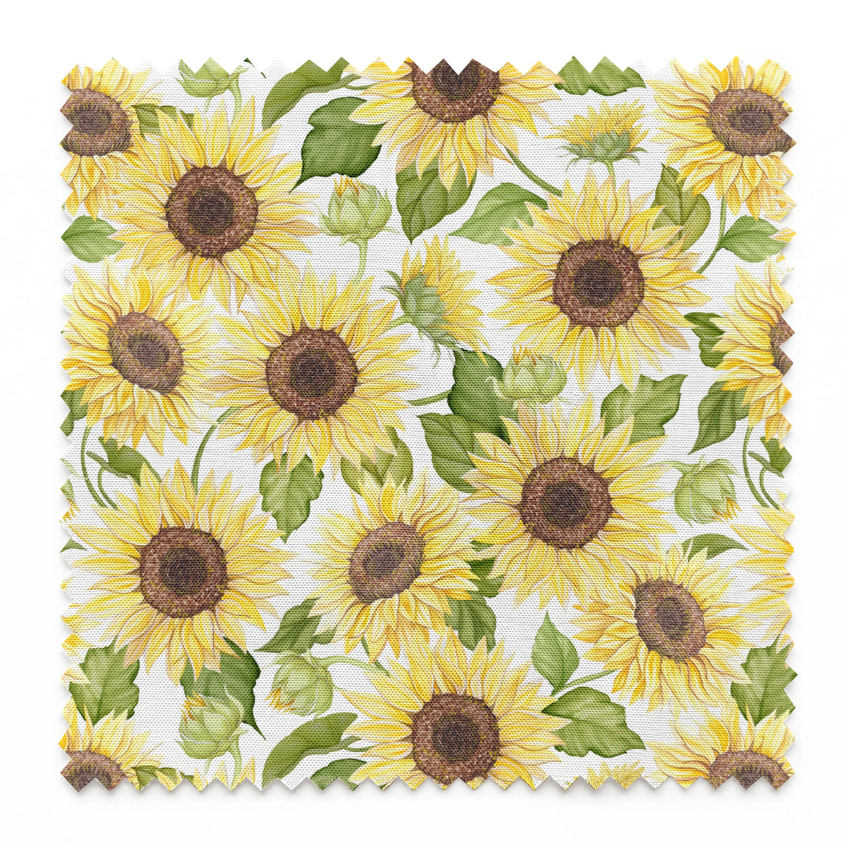 Watercolor-style packed sunflower pattern with yellow blooms and green leaves on a white background, designed by Nicole Tamarin. springs swatch pinked