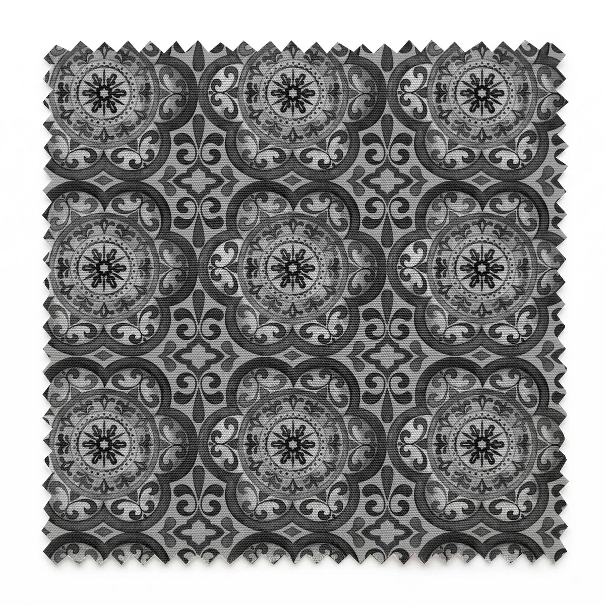 Grayscale medallion tile pattern with floral and scroll motifs in a symmetrical layout by Nicole Tamarin. springs swatch pinked