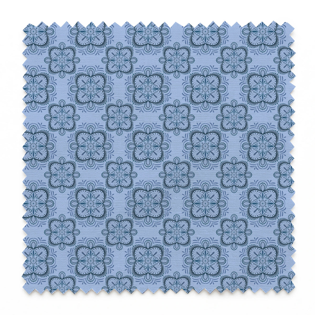 Symmetrical floral mandala pattern in layered blue tones with hand-drawn botanical details, designed by Nicole Tamarin. springs swatch pinked