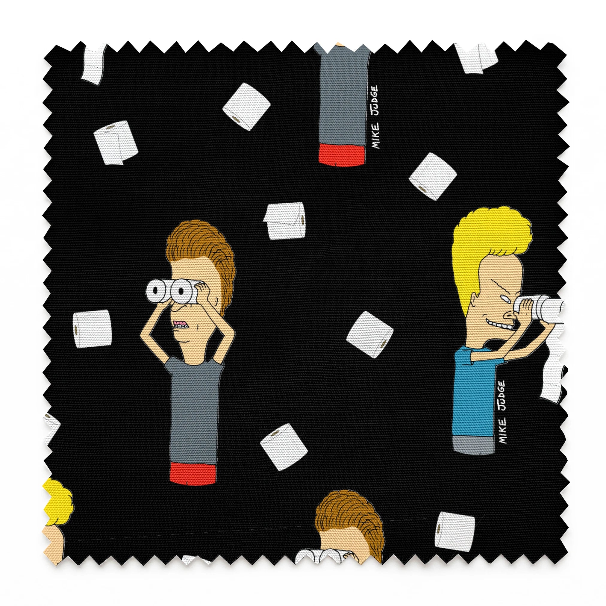 Cartoon characters with exaggerated features on black background with white squares scattered throughout the pattern springs swatch pinked