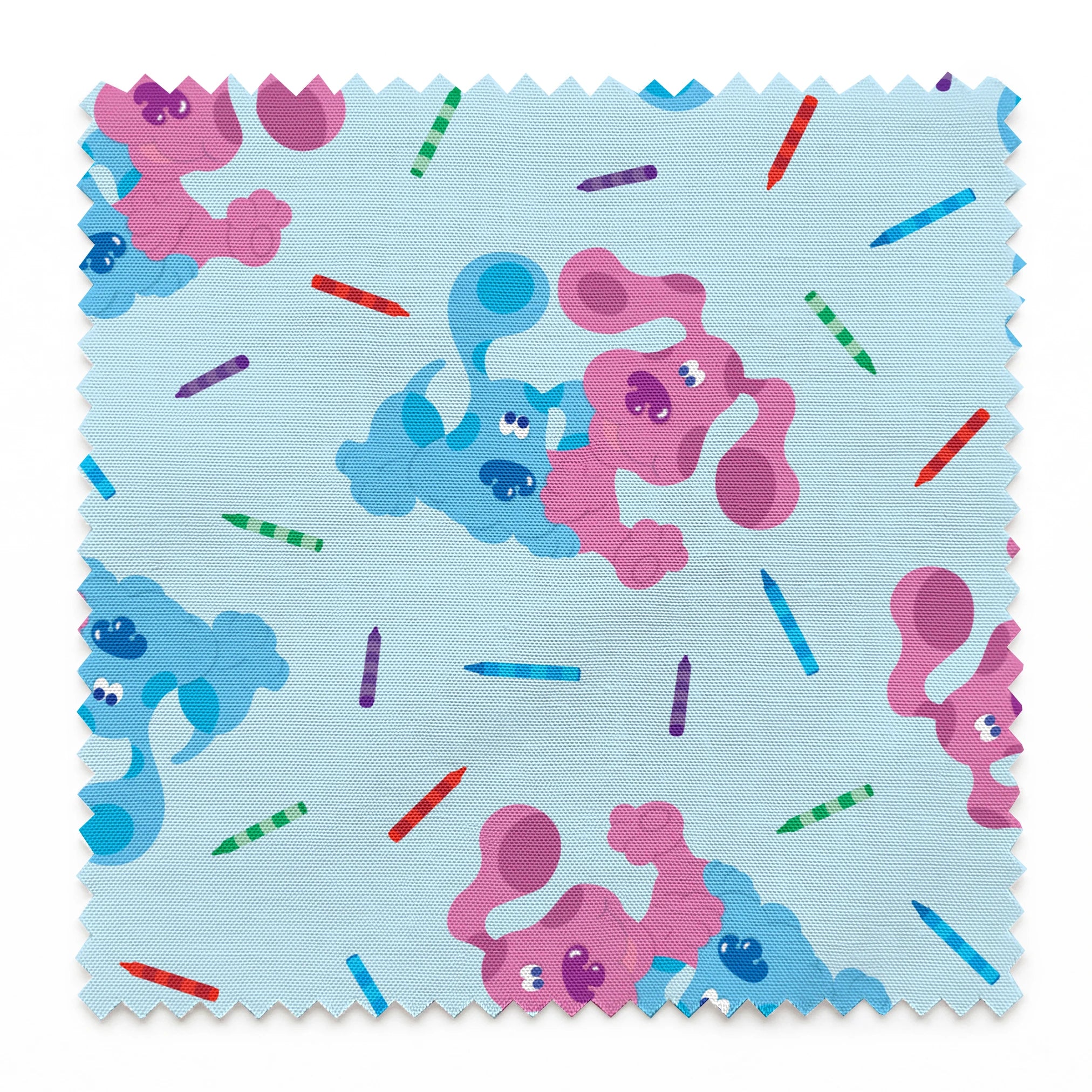 Playful pattern of cartoon blue and pink dogs with colorful stick accents on light blue background springs swatch pinked