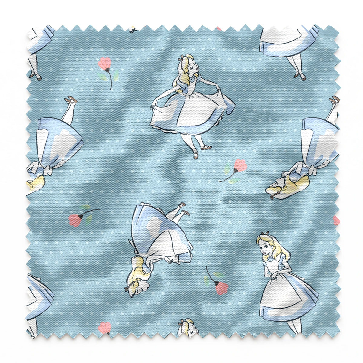 Blue polka dot pattern with illustrated characters in blue dresses and small pink flowers scattered throughout. springs swatch pinked