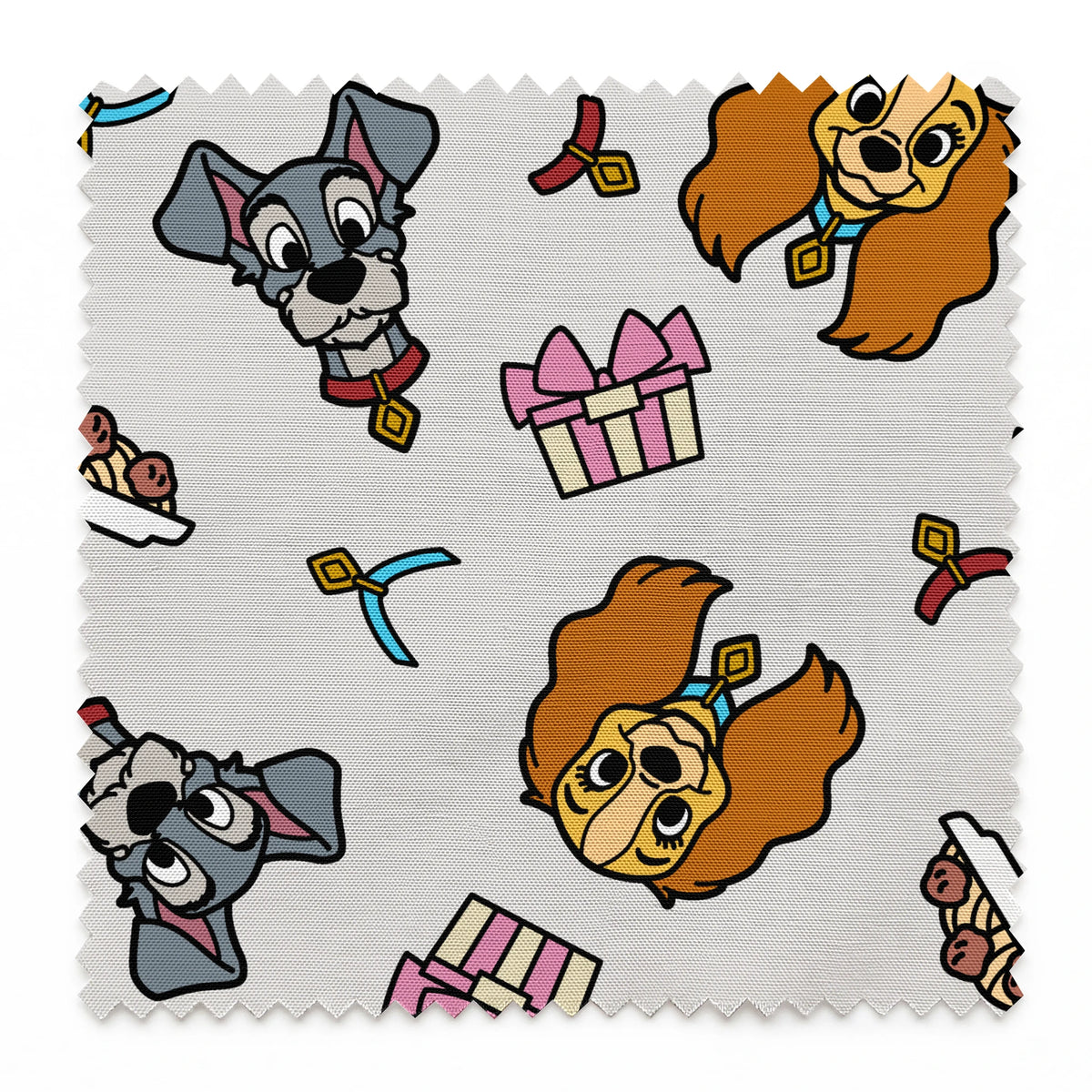 Cartoon pattern featuring Lady and Tramp dogs, gift boxes, bones, and ribbons on light gray background springs swatch pinked