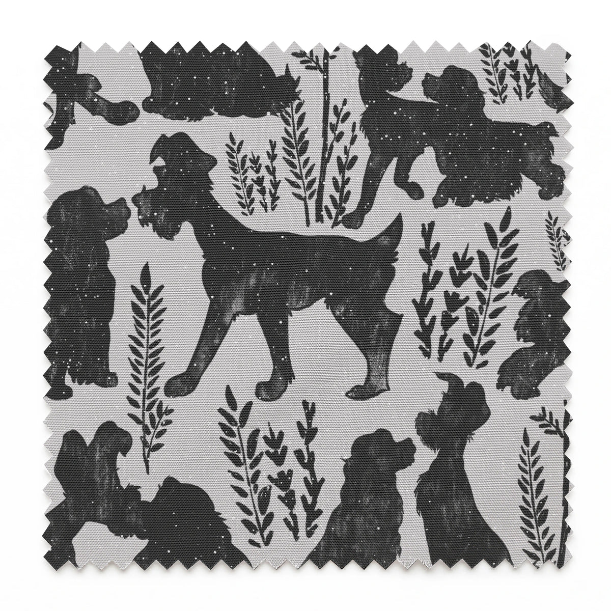 Repeating pattern of black dog silhouettes with decorative plant motifs on a light gray background springs swatch pinked