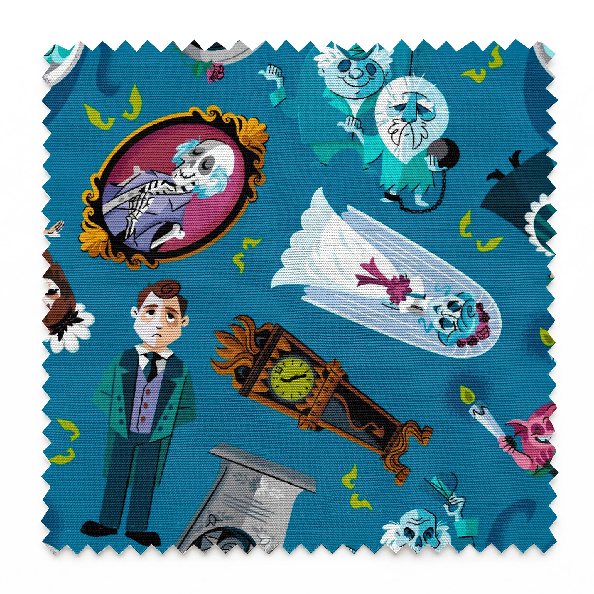 Haunted Mansion themed pattern with cartoon ghosts, portraits, coffins, and spooky elements on teal background springs swatch pinked