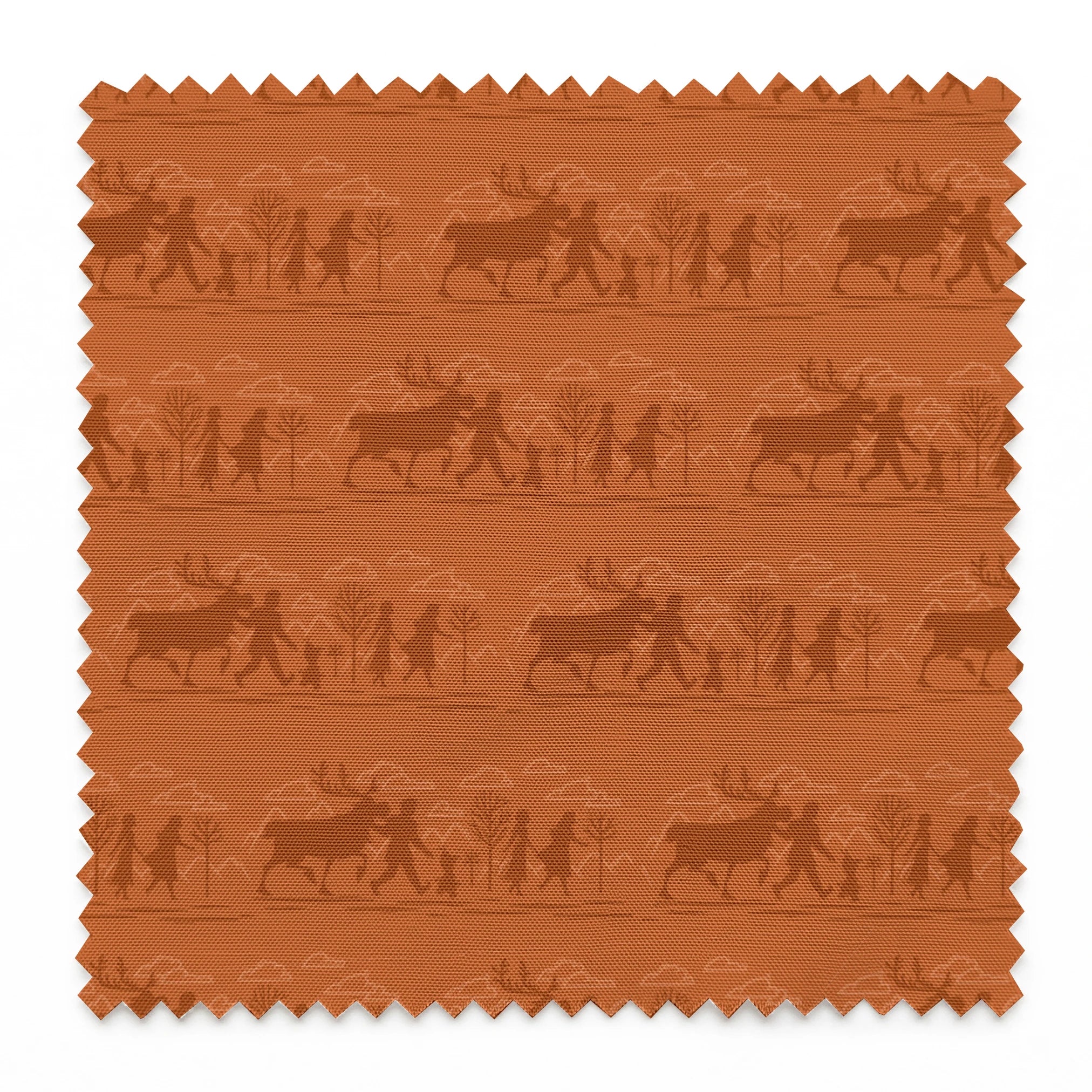 Repeating brown pattern with silhouettes of Frozen characters and trees in a rustic woodland scene springs swatch pinked
