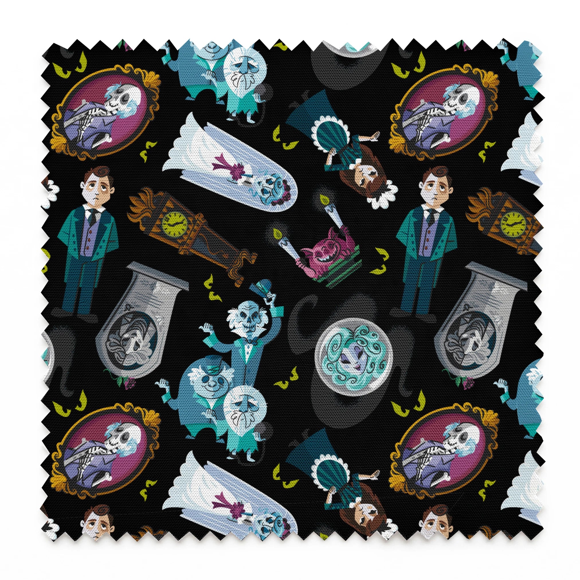 Haunted Mansion themed pattern with cartoon ghosts, characters, coffins, and spooky elements on black background springs swatch pinked