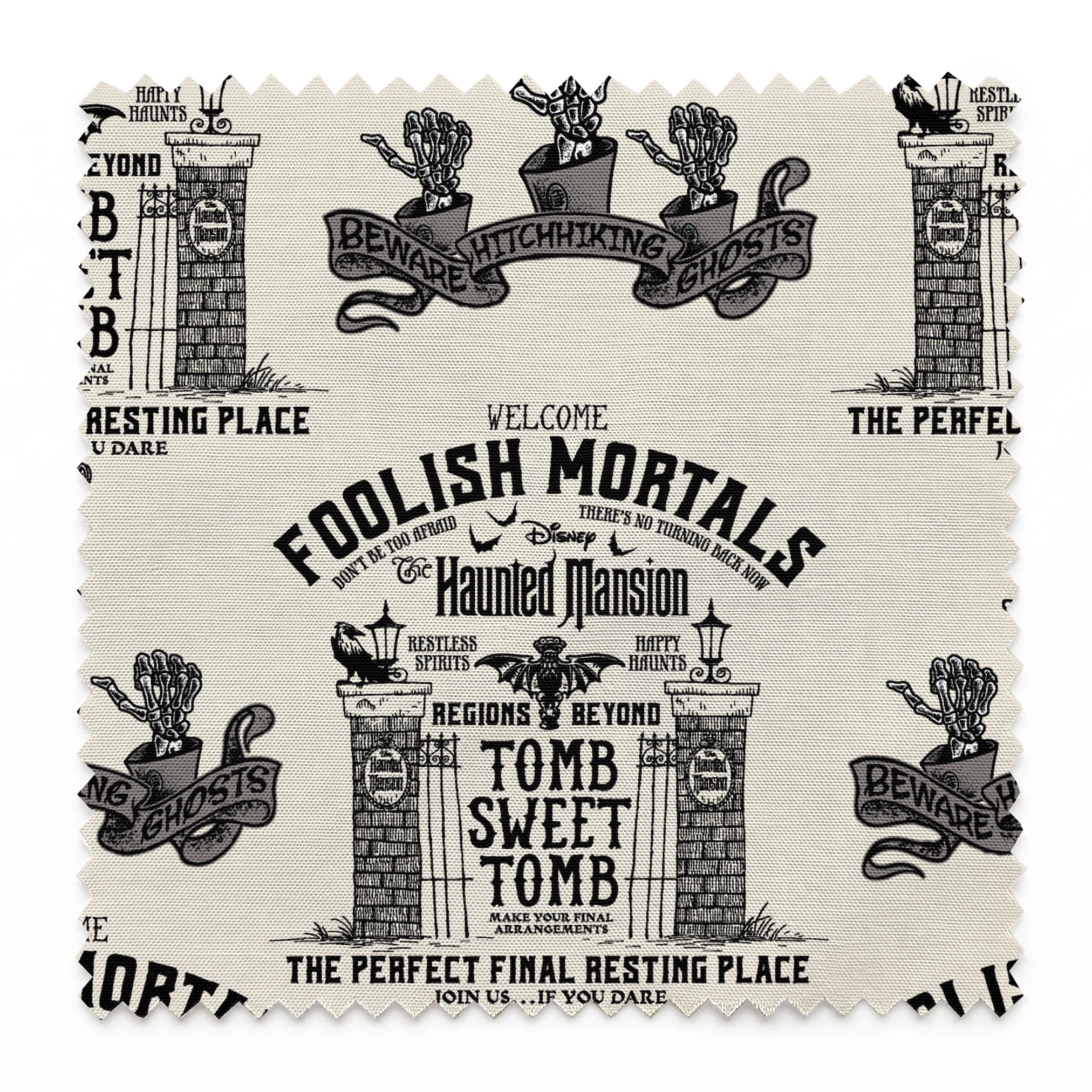 Repeating pattern of "Foolish Mortals" Haunted Mansion signage with ornate tomb designs in vintage black and cream style springs swatch pinked