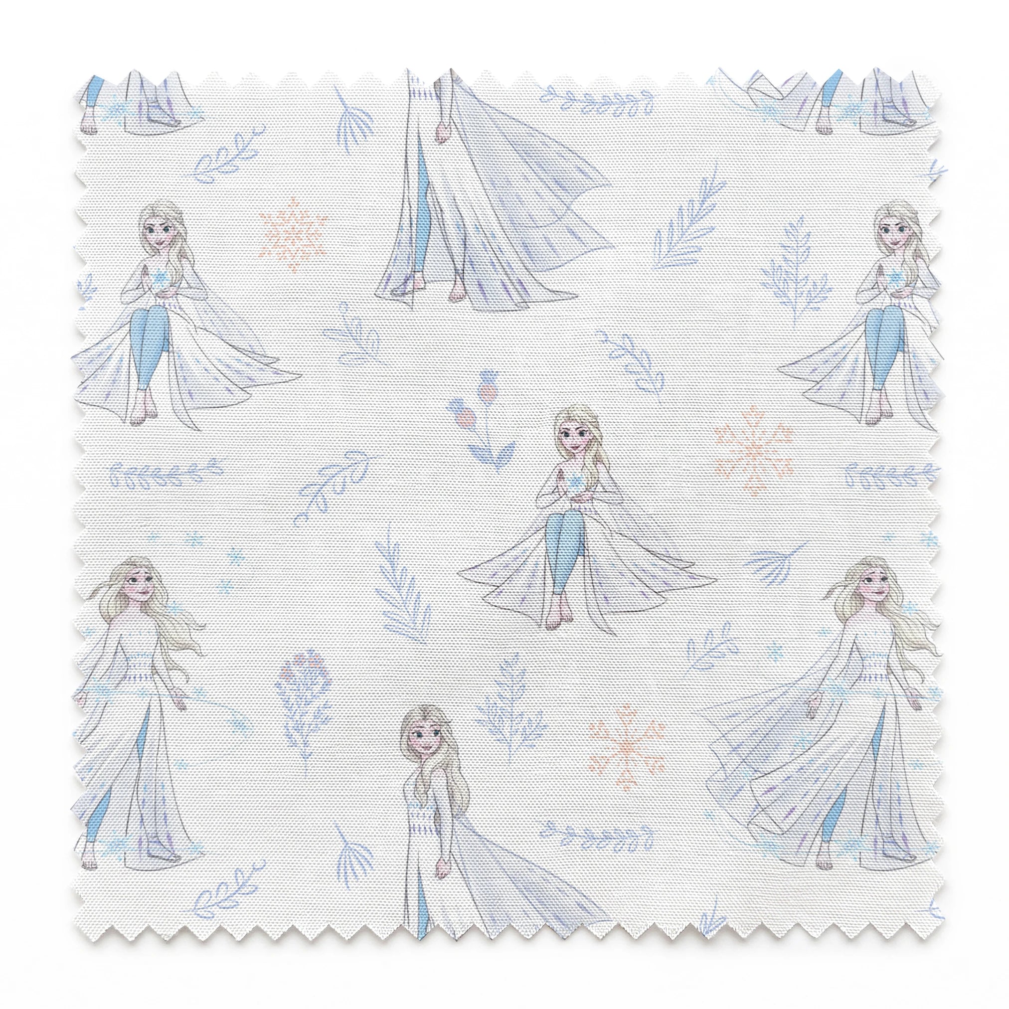 The image shows a decorative pattern featuringFrozen's Elsa, surrounded by delicate snowflakes, leaves, and floral elements in soft pastel colors on a light background. springs swatch pinked