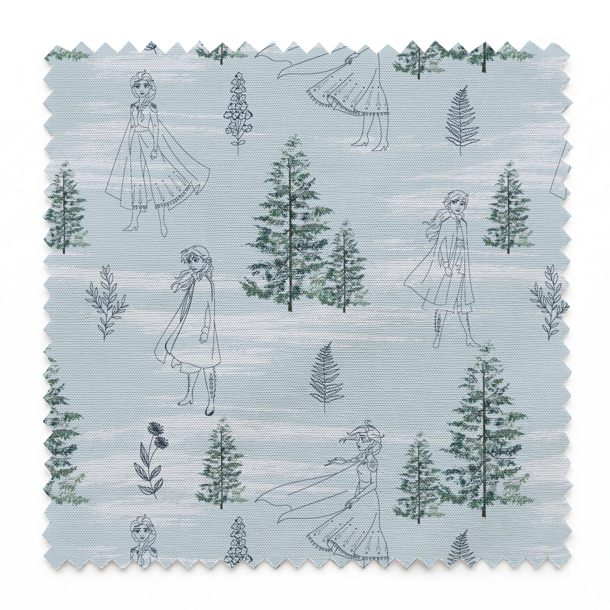 Pale blue pattern with delicate line drawings of pine trees, Elsa, and Anna across a wintry landscape springs swatch pinked