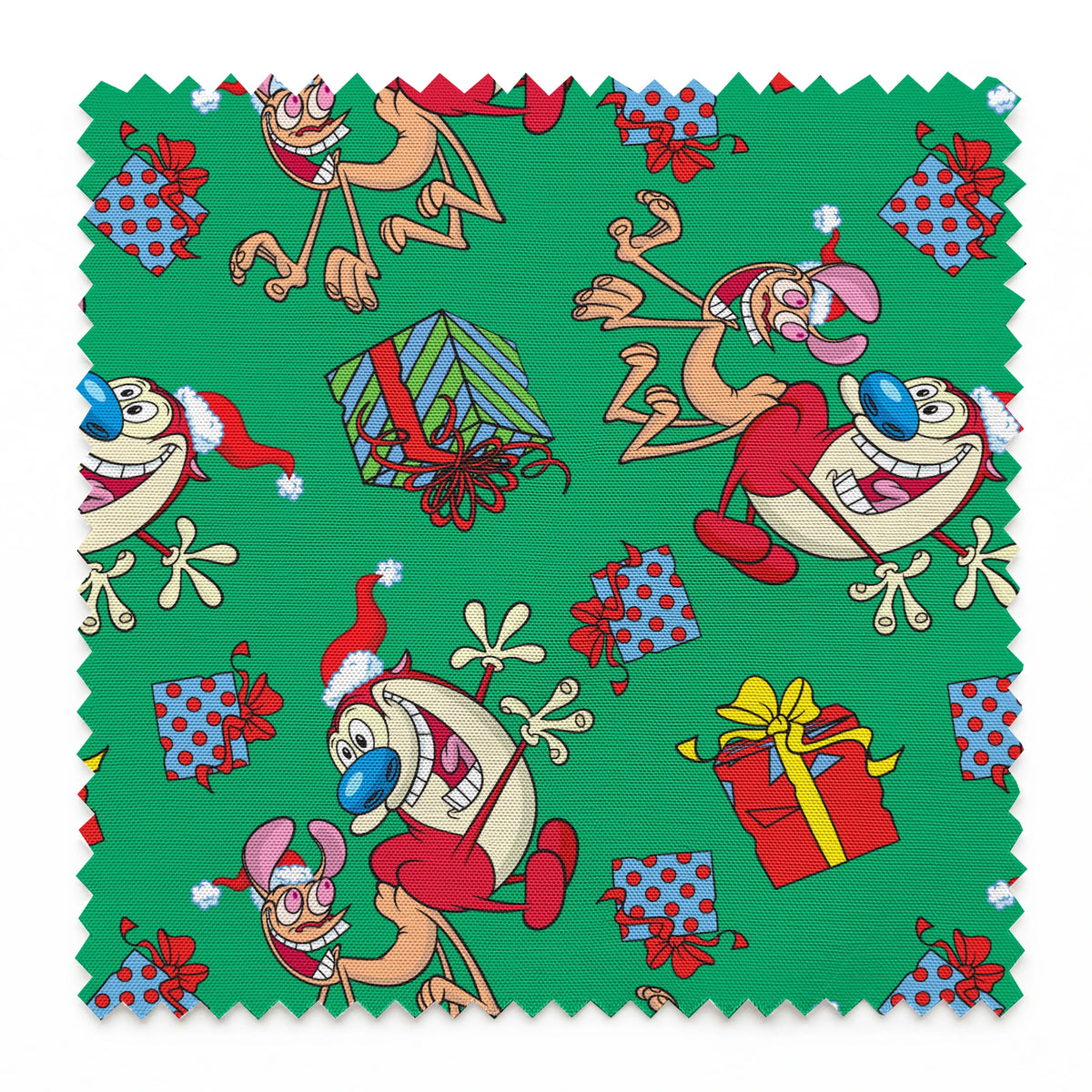 Whimsical cartoon Christmas pattern with elves, Santa figures, and colorful gifts on green background springs swatch pinked