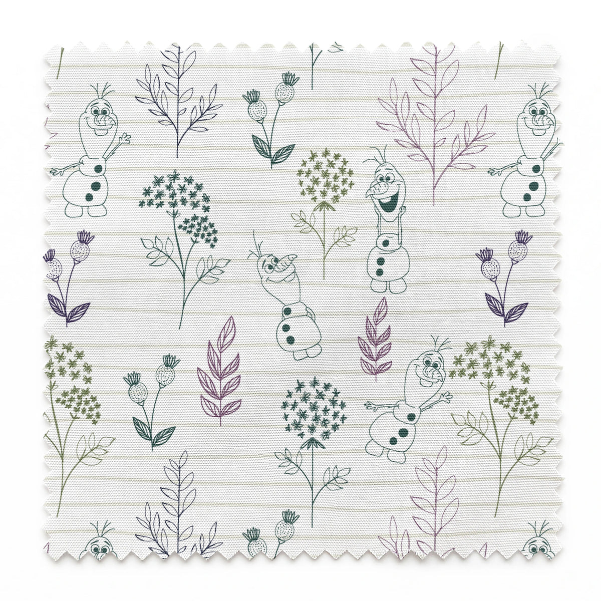 Pattern of sketched botanical elements, flowers, and Olaf on a lined background in soft greens and purples springs swatch pinked