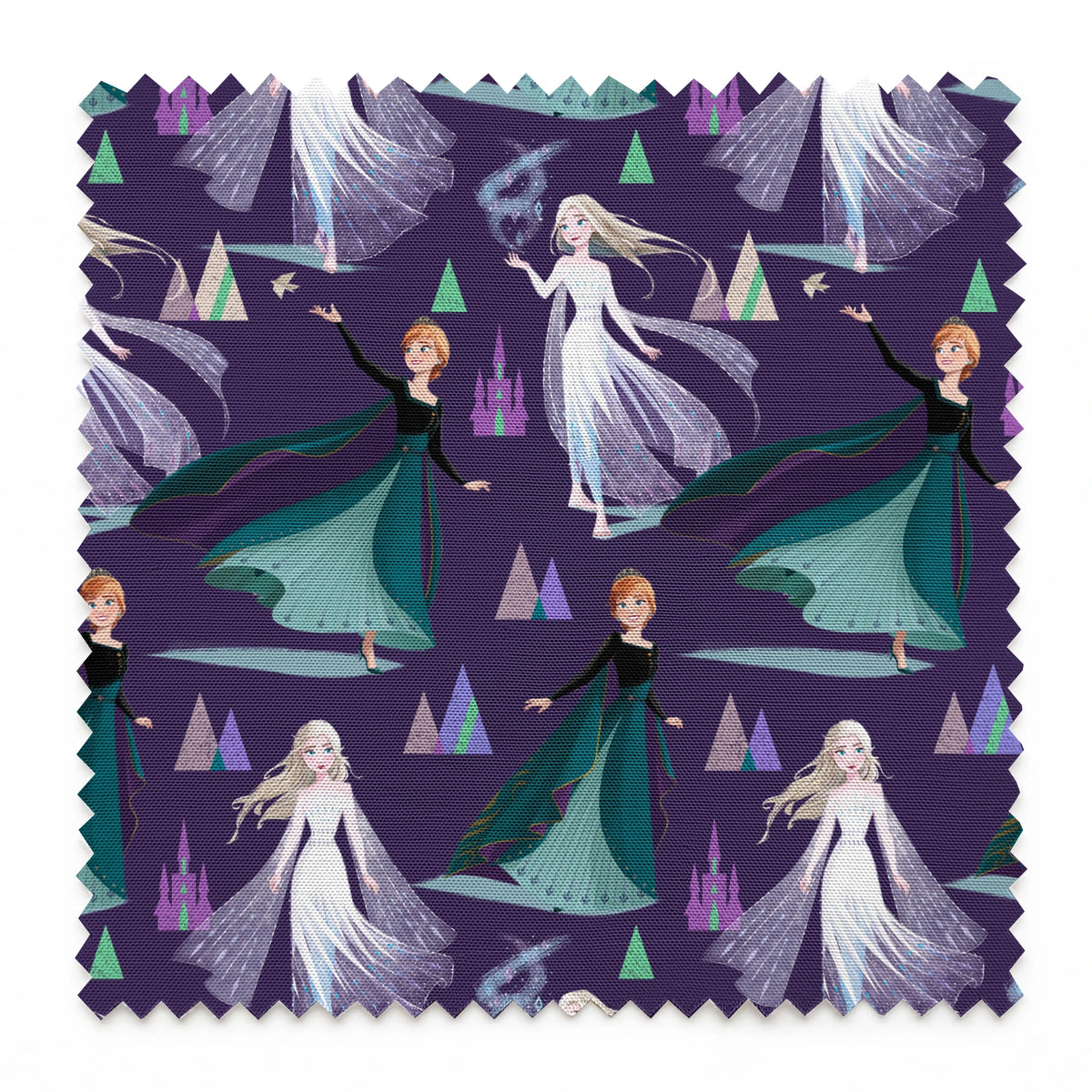 Frozen characters and ice castles on purple background, magical fantasy pattern springs swatch pinked