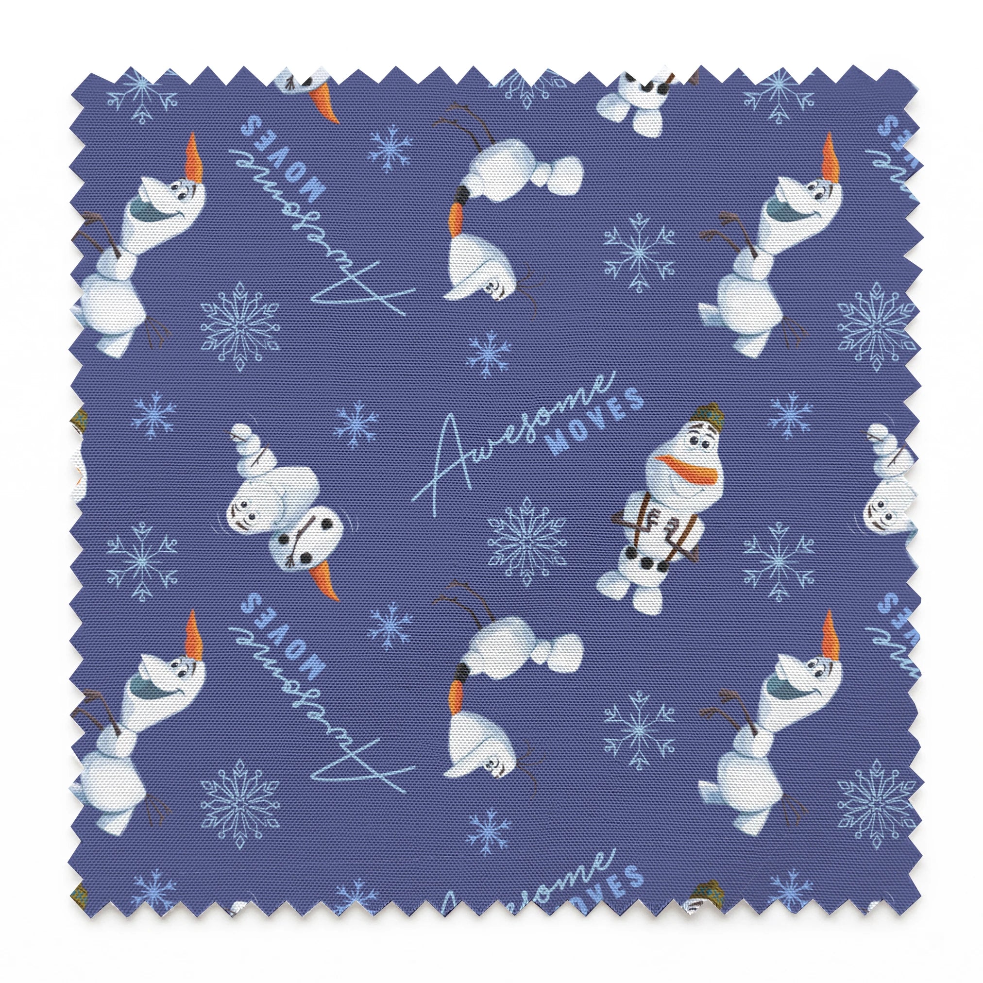 Playful Olaf the snowman pattern with snowflakes on purple background showing various poses springs swatch pinked