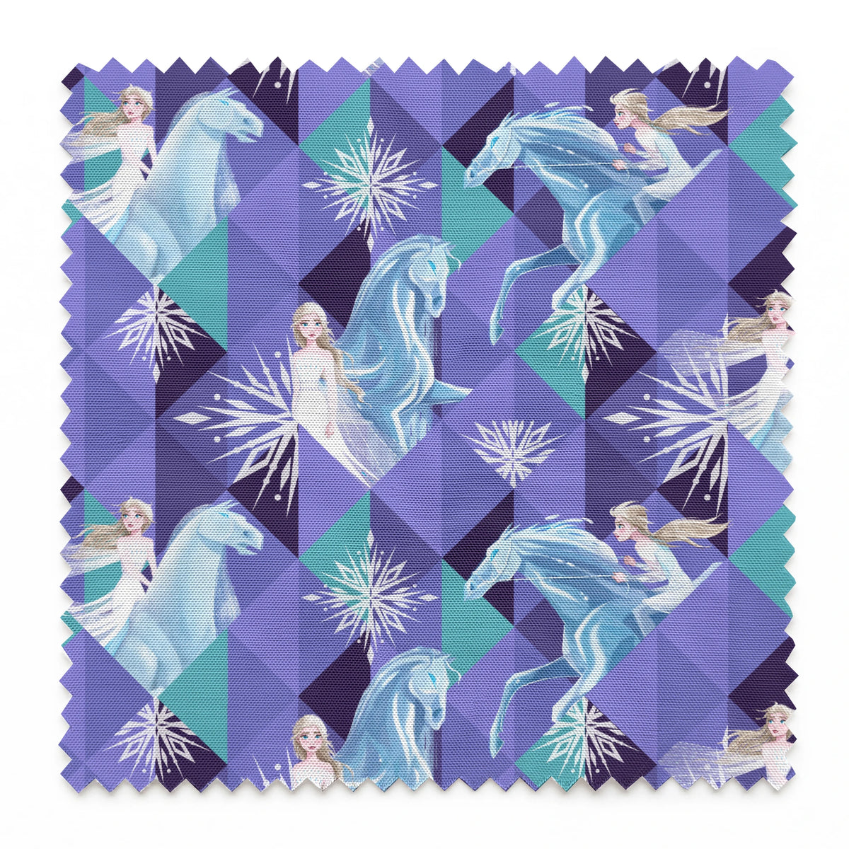 Disney's Frozen pattern with Elsa on horses against purple geometric background with snowflakes springs swatch pinked