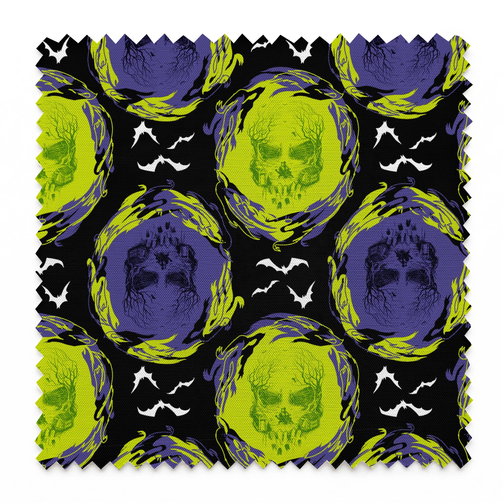 Repeating pattern of neon green and purple skulls with swirling effects on black background with white bats springs swatch pinked