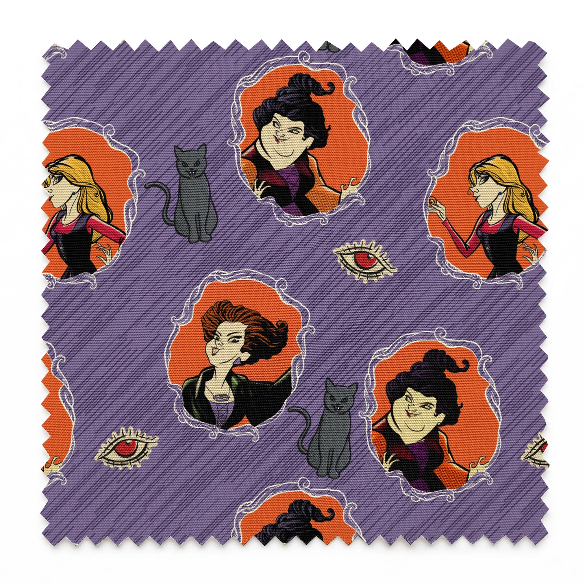 Purple background pattern with illustrated cartoon characters, black cats, and eye symbols in orange circular frames springs swatch pinked