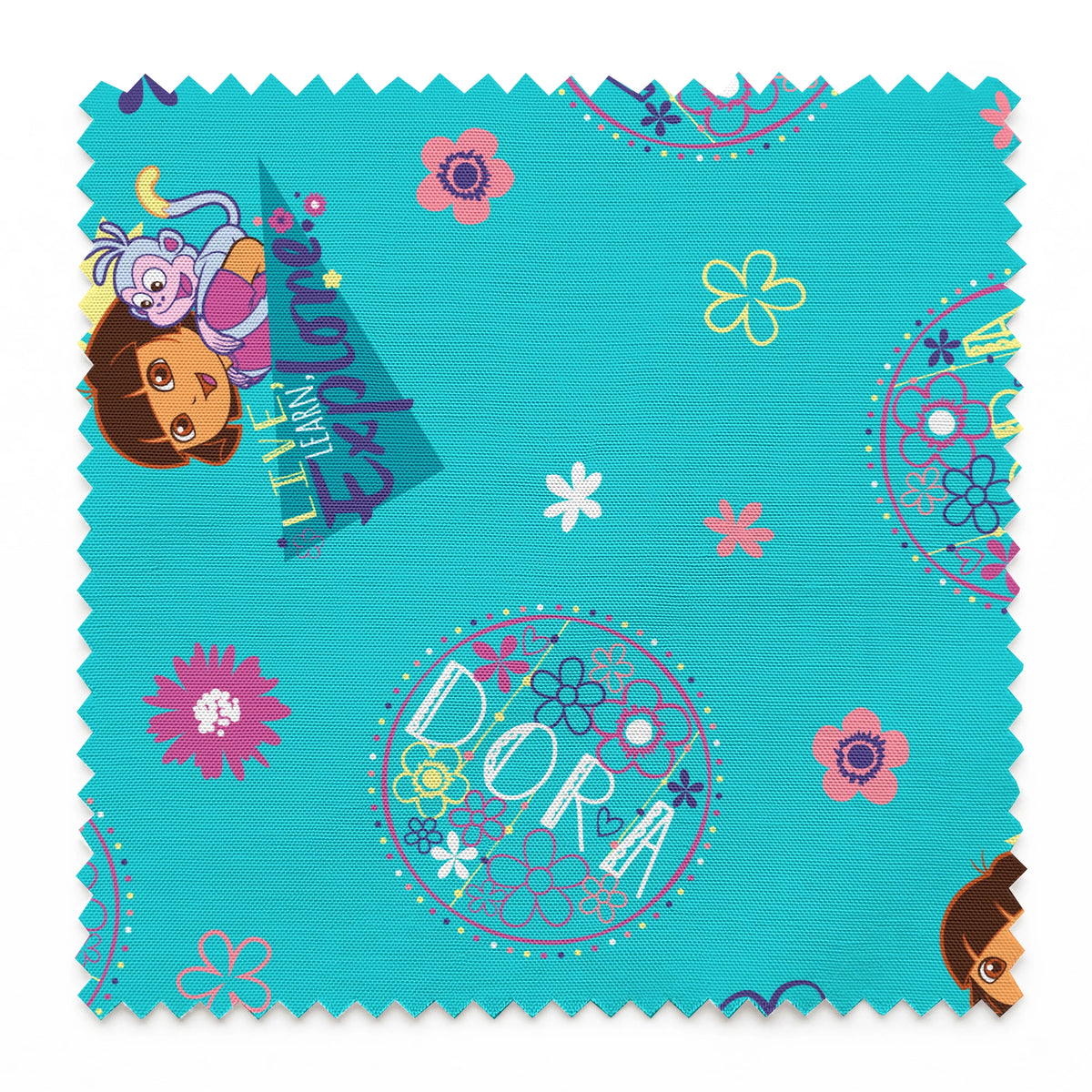 Colorful teal pattern with Dora the Explorer characters, decorative circles, flowers, and triangular shapes in pink, purple, and blue springs swatch pinked