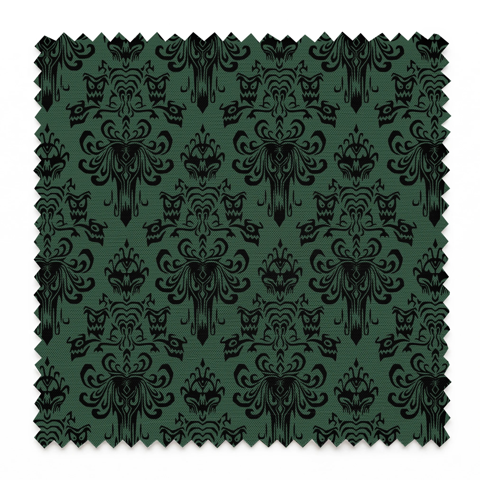 The image shows an elegant Victorian or Gothic-style damask pattern in black against a dark green background. The repeating ornate design features intricate scrollwork, flourishes, and symmetrical decorative elements arranged in a traditional wallpaper or textile pattern style. springs swatch pinked