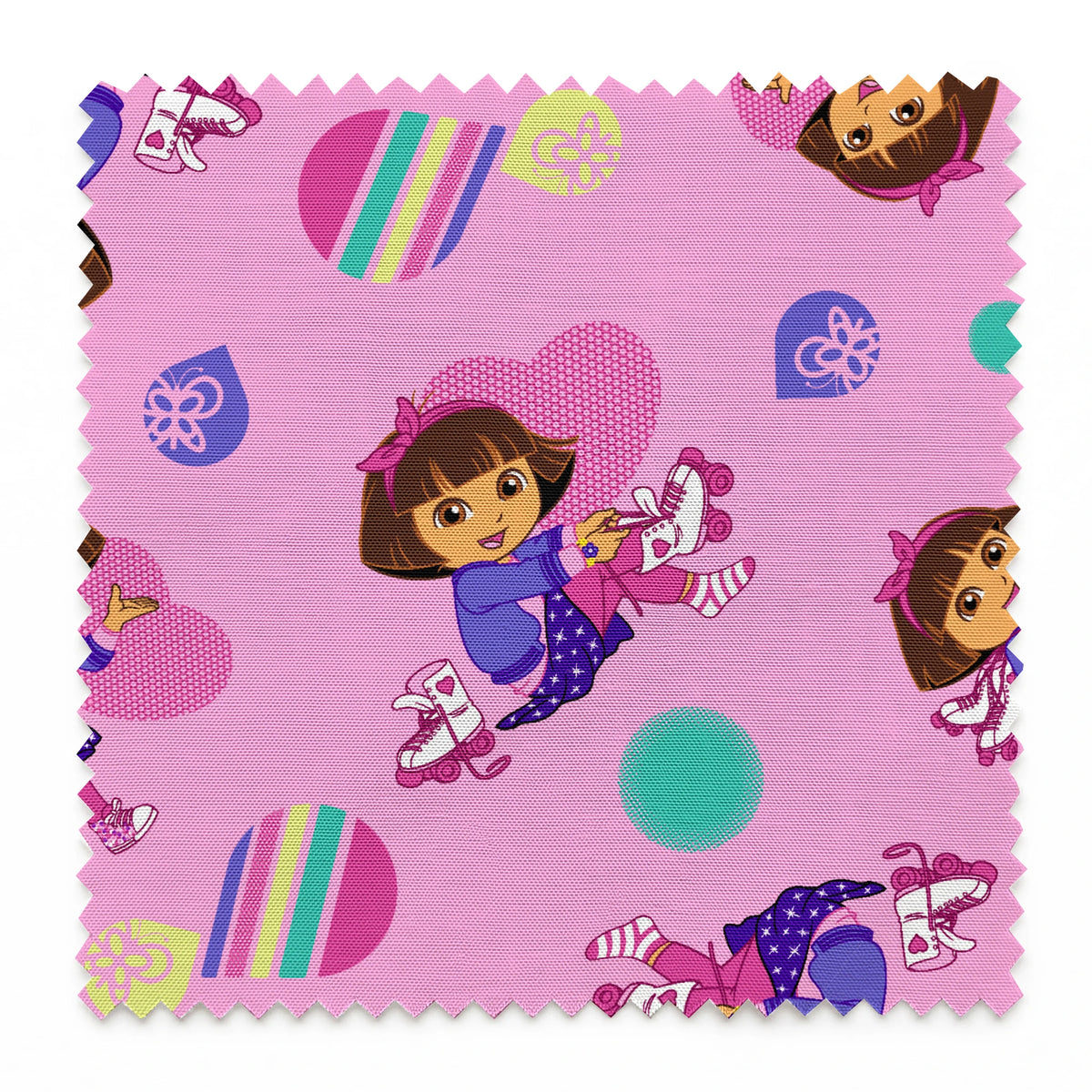 Dora the Explorer pattern with purple background, colorful polka dots and striped shapes springs swatch pinked