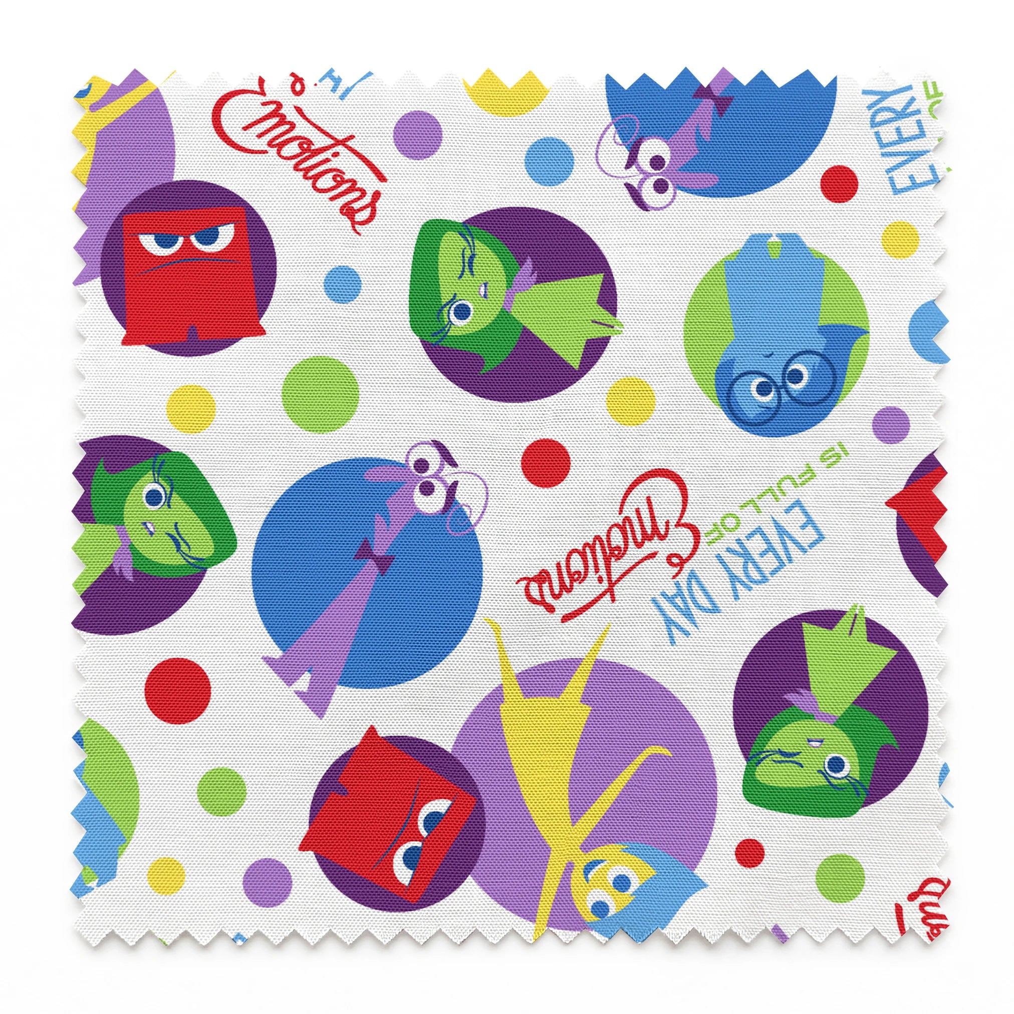 Colorful Inside Out characters in circles - Joy, Sadness, Fear, Disgust, and Anger on polka dot background springs swatch pinked