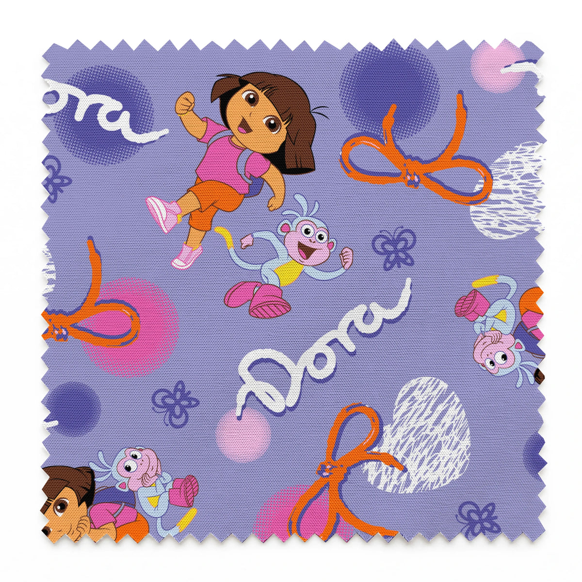 Cartoon pattern featuring Dora the Explorer, Boots the monkey, and other characters on purple background with bows and clouds. springs swatch pinked