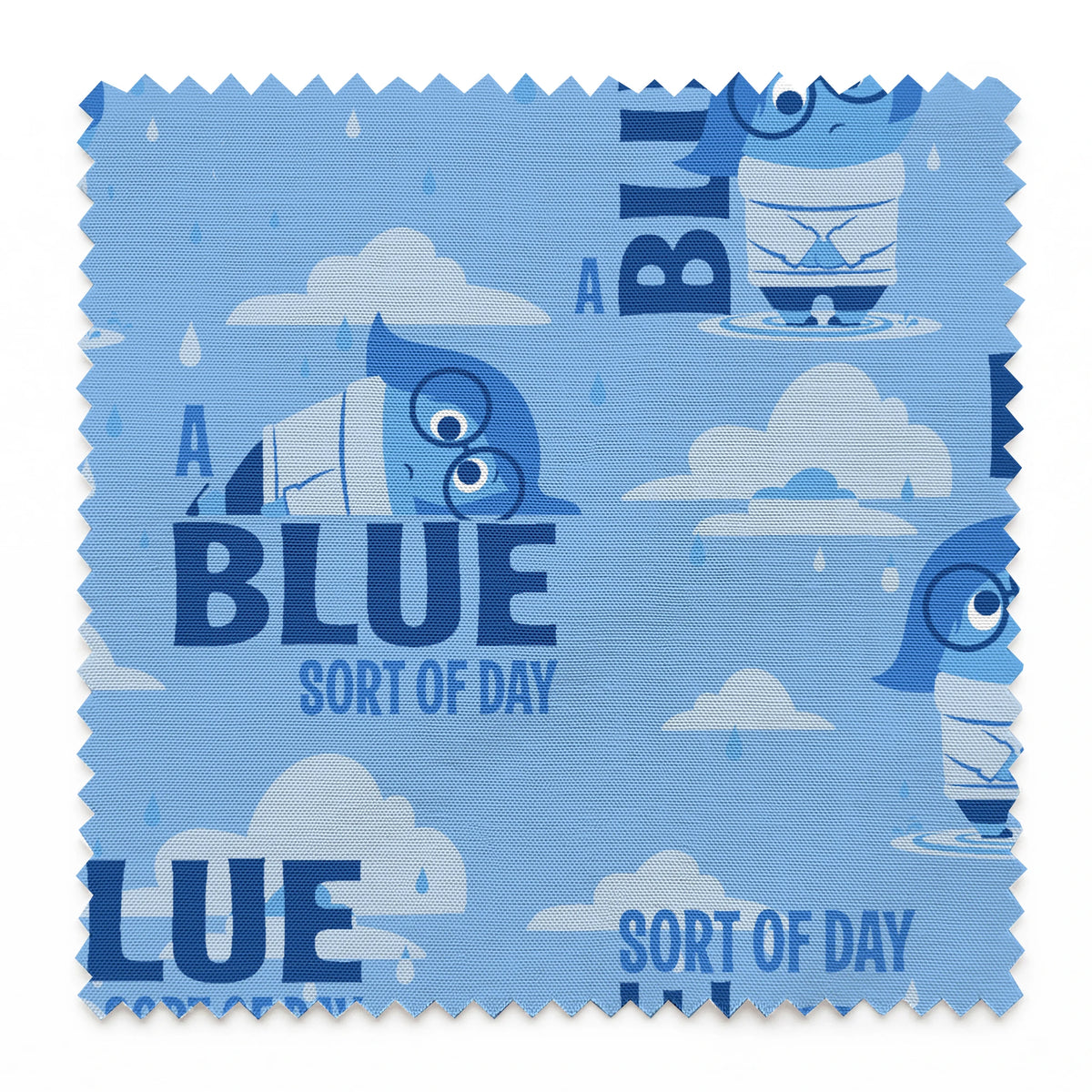 Sadness from Disney and Pixar's Inside Out pattern with "BLUE SORT OF DAY" text on light blue background with clouds springs swatch pinked