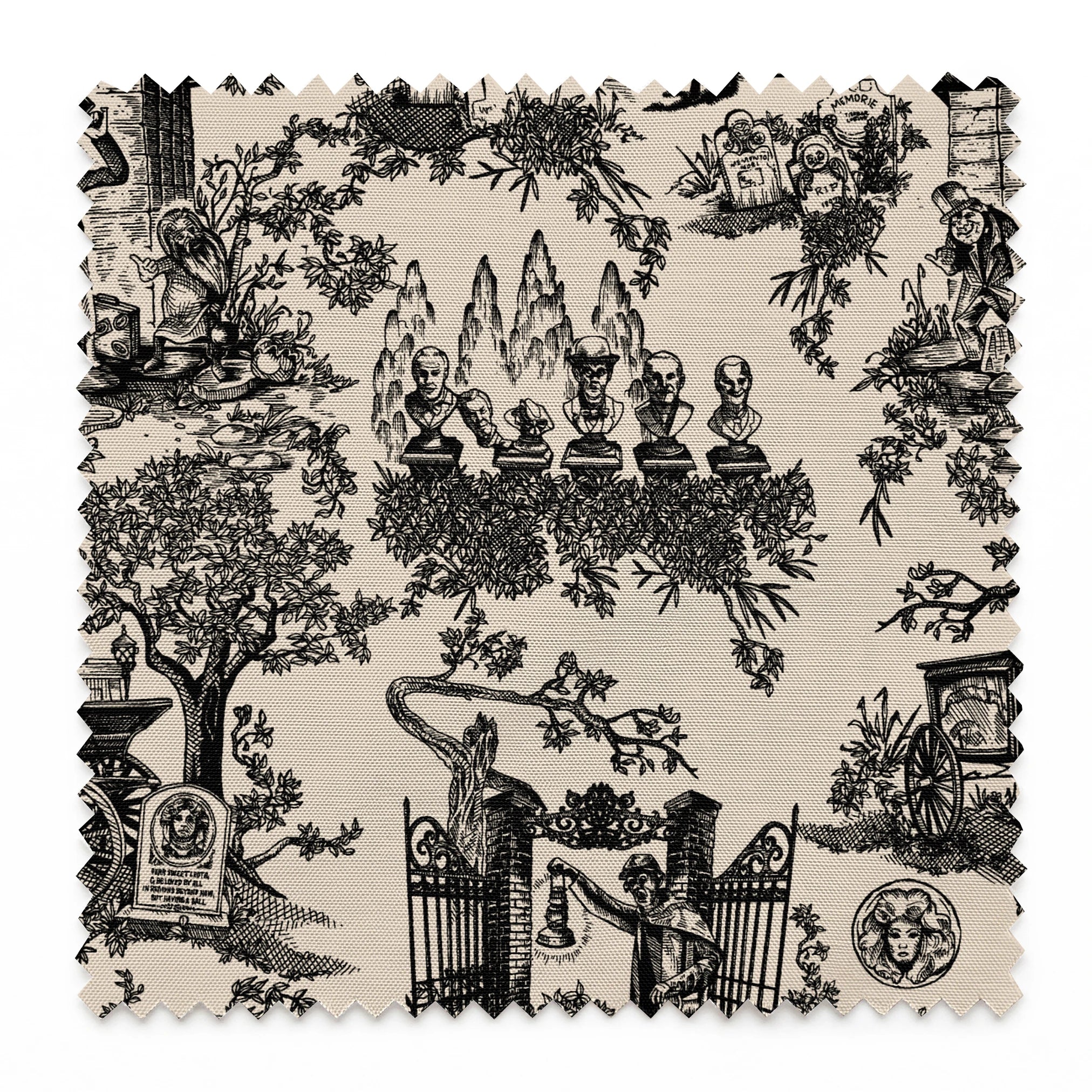 Black and white toile pattern with garden scenes, architectural elements, and decorative figures in a classical style springs swatch pinked