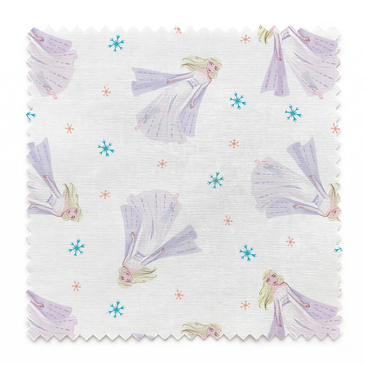 Whimsical pattern of Elsa with colorful snowflakes on white background springs swatch pinked
